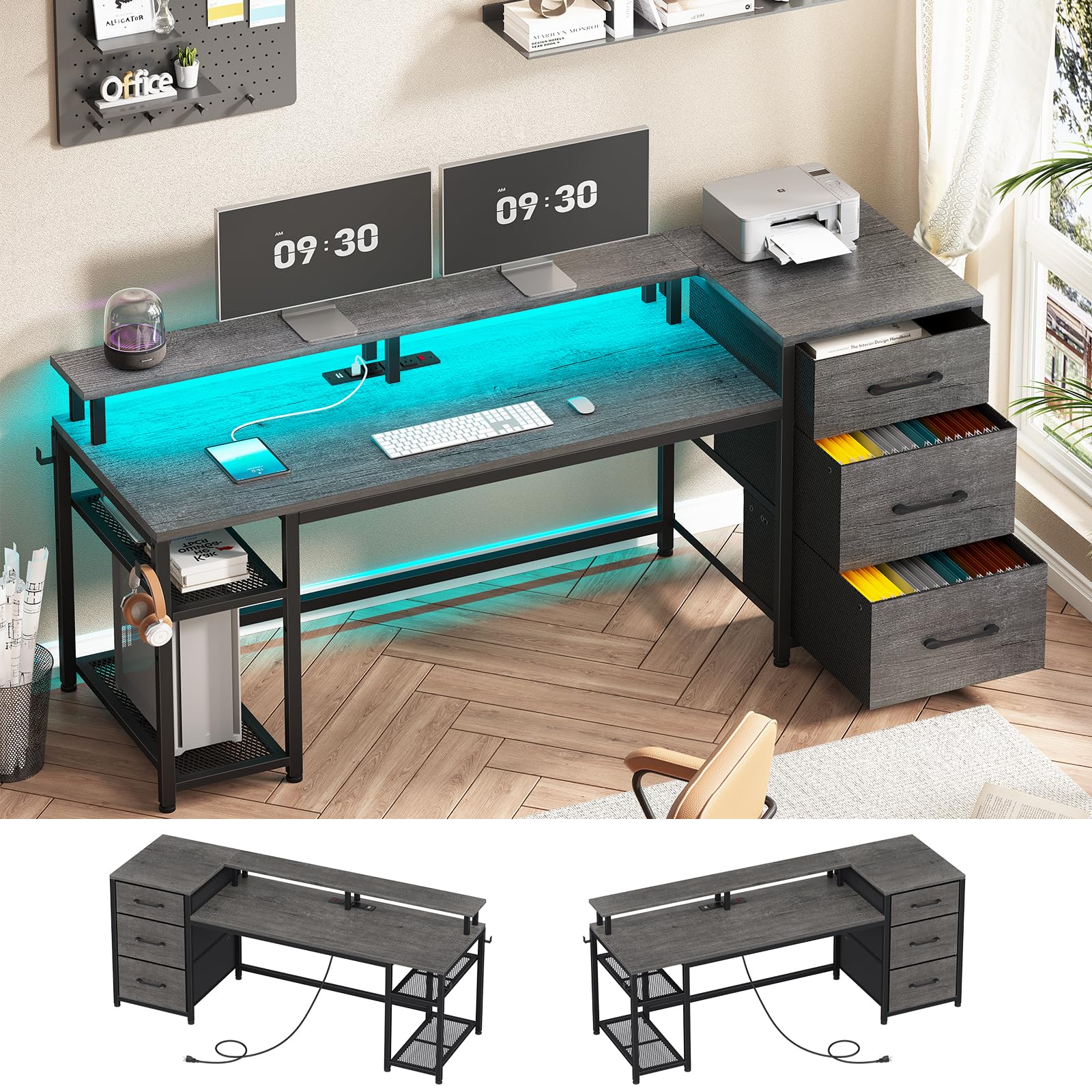 SEDETA 59 Inch Reversible L-Shaped Office Desk with LED Lights & Power Outlet - Home Office Computer Desk with Storage Drawers, File Cabinet & Printer Space - Perfect for Gaming, Work & Study (Grey)