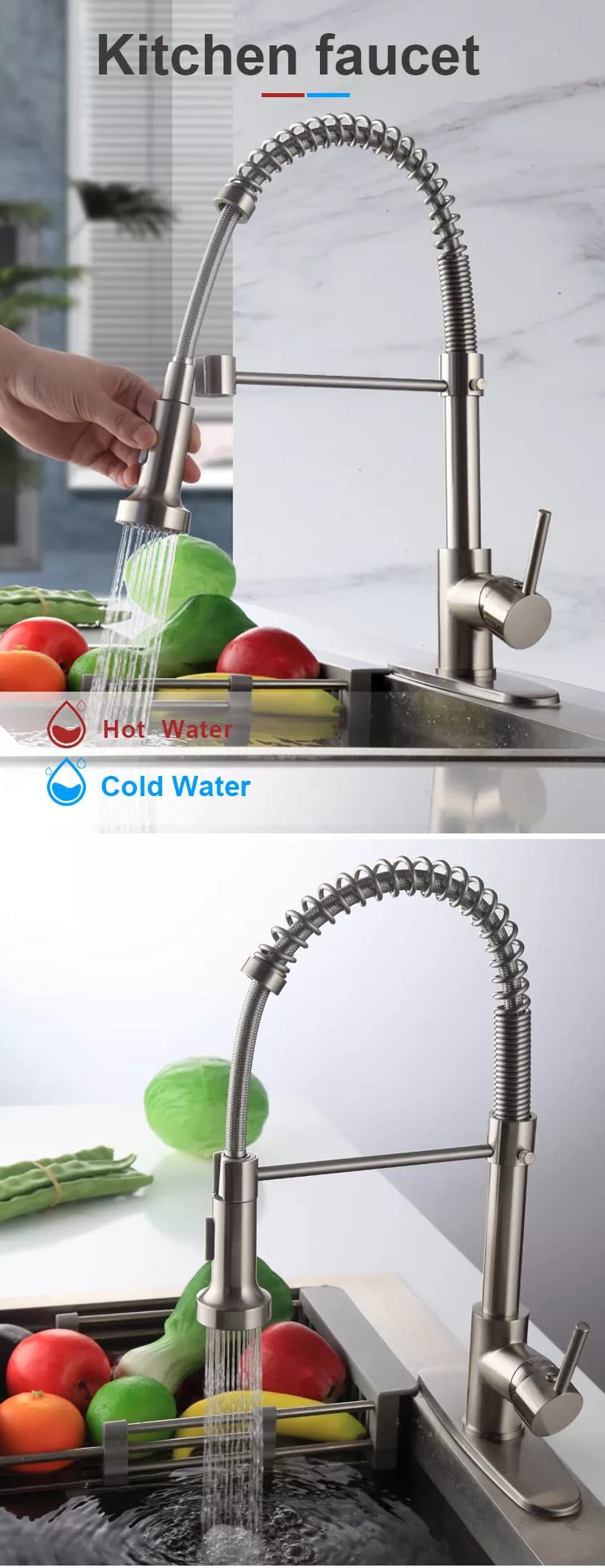 Brass Single Lever Kitchen Sink Mixer Tap with 360° Swivel & Pullout Sprayer - Multi-Function Spray Head Technology - Brushed Nickel Finish for Modern Kitchens (Easy Installation & Water Saving Design)