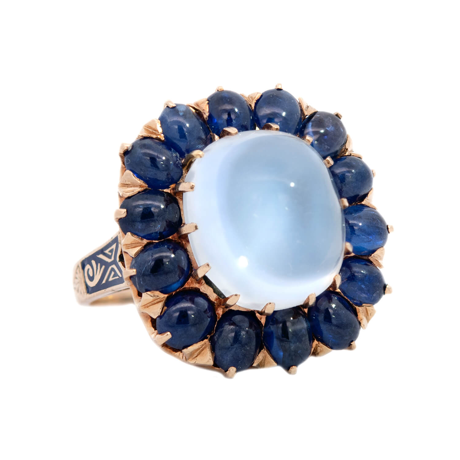 Vintage 14K Gold Moonstone & Sapphire Cluster Ring - Elegant Bohemian Jewelry for Women, Perfect for Weddings, Parties & Special Occasions