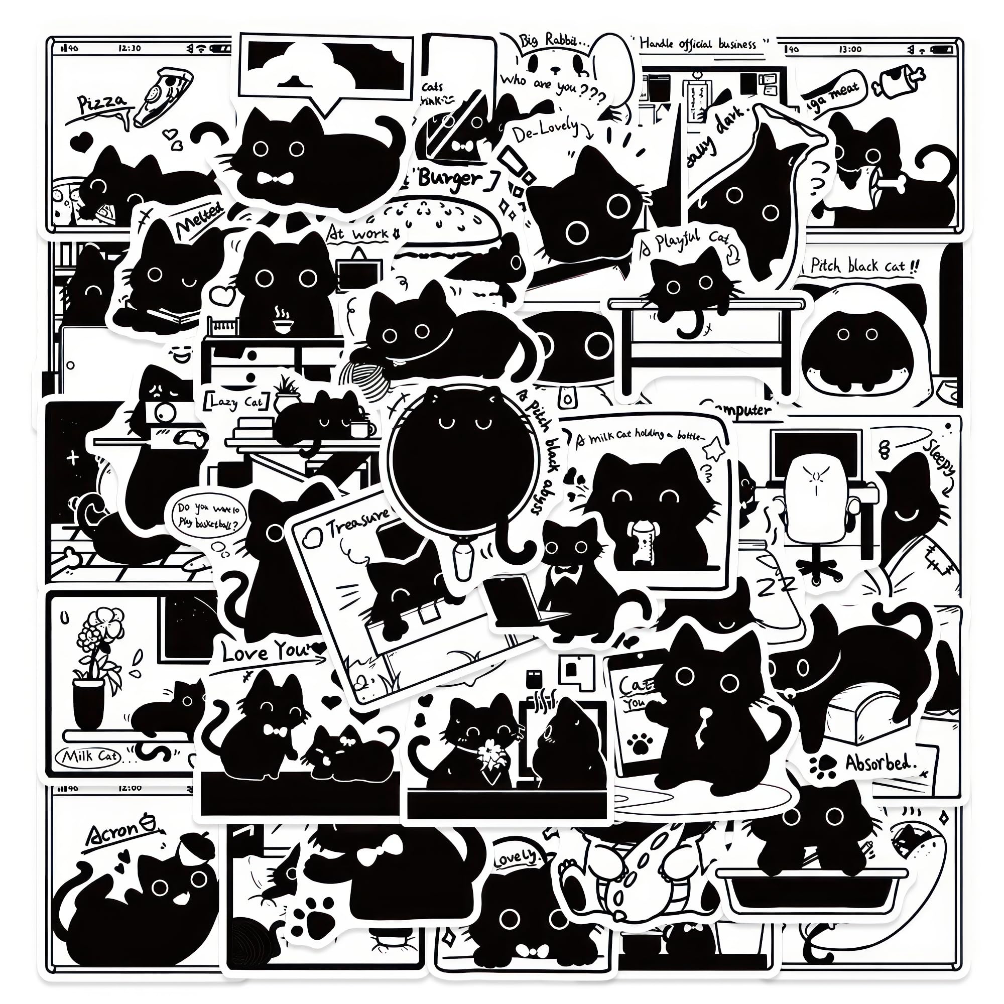 50 Pcs Cute Black Cat Meme Stickers - Waterproof Aesthetic Vinyl Decals for Water Bottles, Laptops, Cars & Planners | Fun Kitten Stickers for Teens, Girls & Kids | Perfect for Bedroom Windows, DIY Crafts & School Supplies