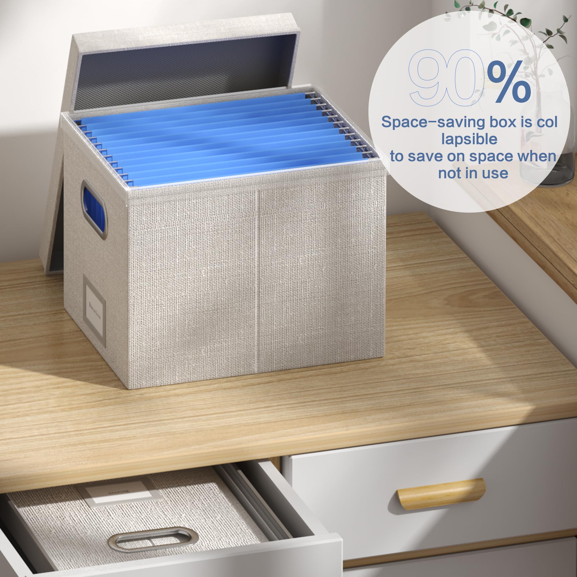 3-Pack Decorative Hanging File Organizer Box with Lid - 13.2 x 10.1 x 10.1 Inch Light Grey Plastic File Storage Box for Office, Home & School Organization - Perfect for Documents, Papers & Folders
