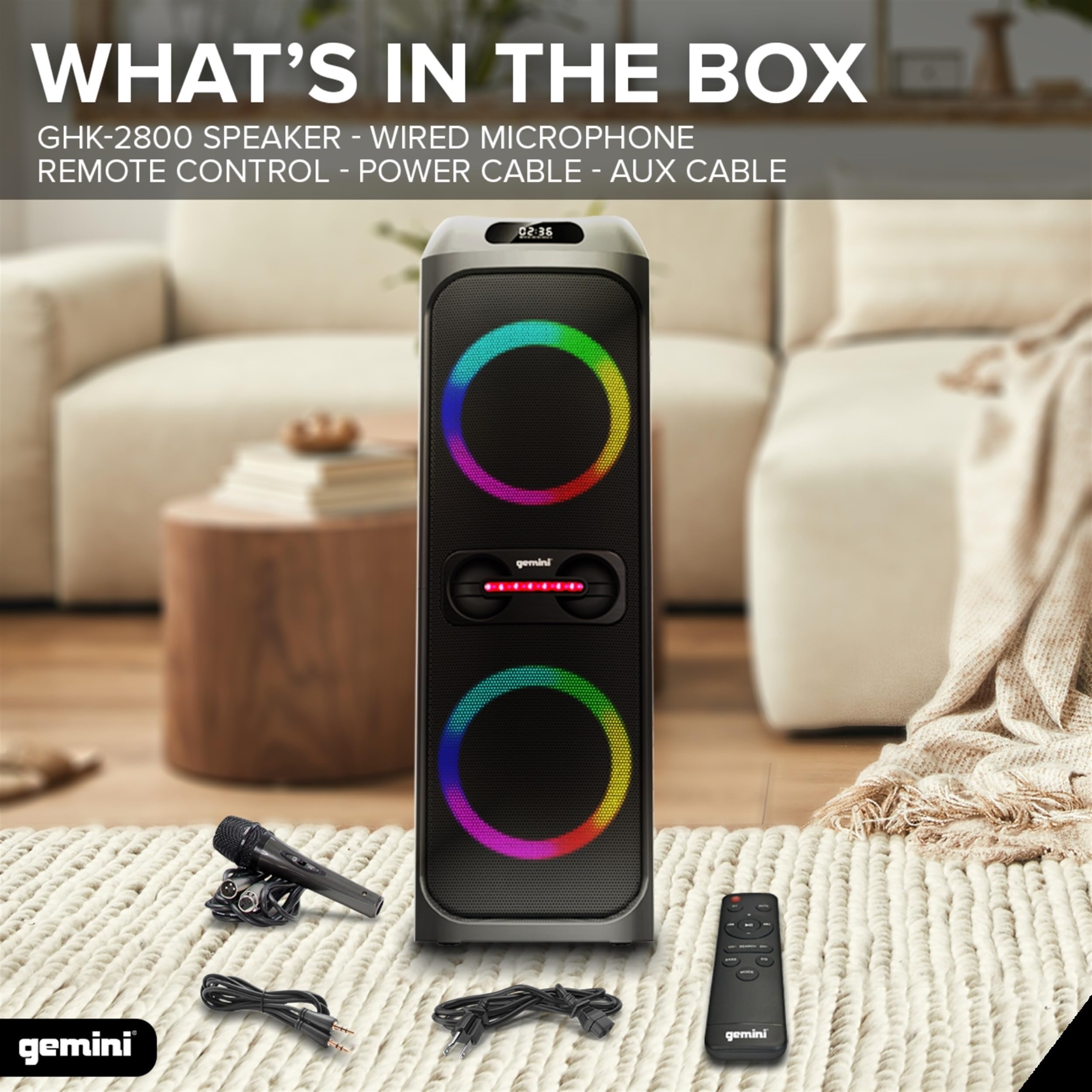 Gemini Sound GHK-2800-4800W High Power Party Speaker with Deep Bass Boost, Colorful LED Lights & Voice-Changing Effects - Bluetooth Karaoke System with Wireless Microphone & Remote Control - Perfect for Home Parties, Outdoor Events & DJ Performances
