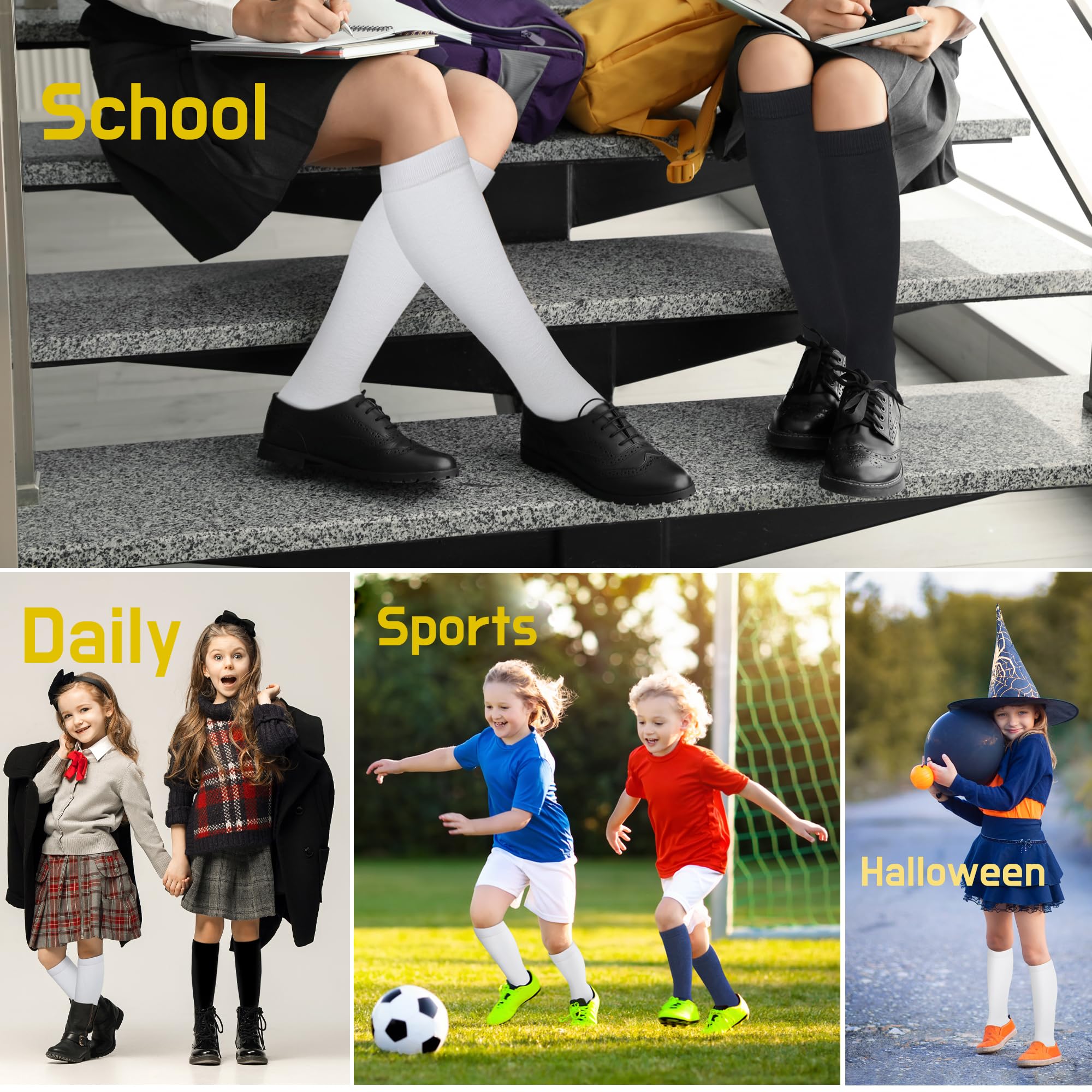 YEJIMONG Girls Knee High Socks 3-Pack - School Uniform Cotton Long Socks for Kids & Boys (Black, White, Navy Blue) - Comfortable & Durable Socks for Ages 4-16 Years - Perfect for School, Dress Up & Everyday Wear