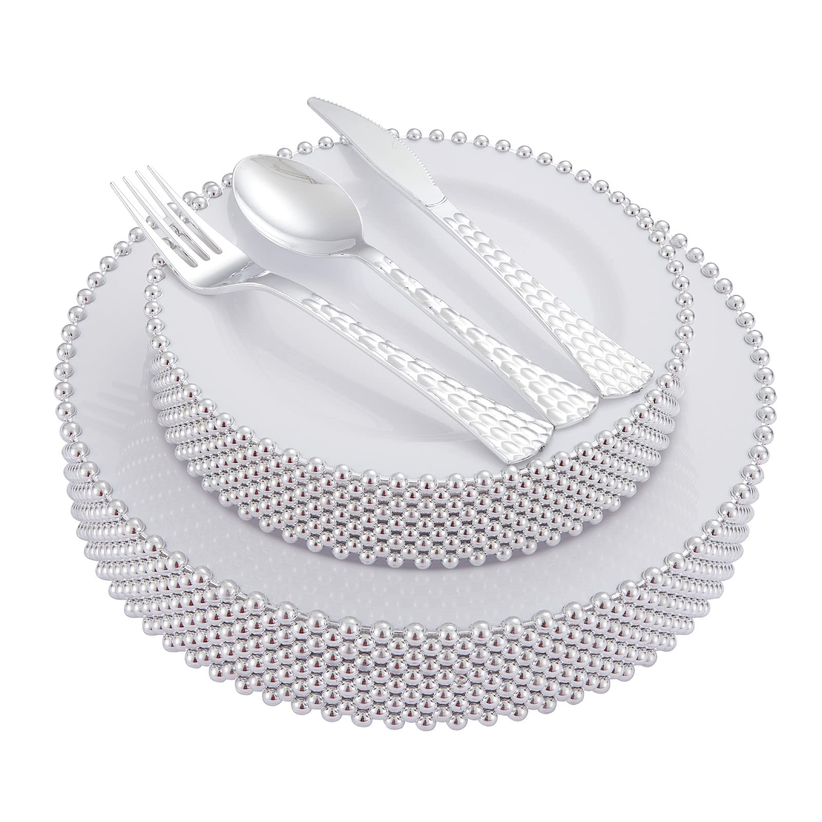 75-Piece Elegant Disposable Dinnerware Set - 15 Dinner Plates, 15 Dessert Plates with Silver Beaded Rim, 15 Silver Spoons, 15 Knives, 15 Forks | Premium Plastic Silverware for Weddings, Birthdays & Special Occasions | Perfect for Party Decor, Catering & Events