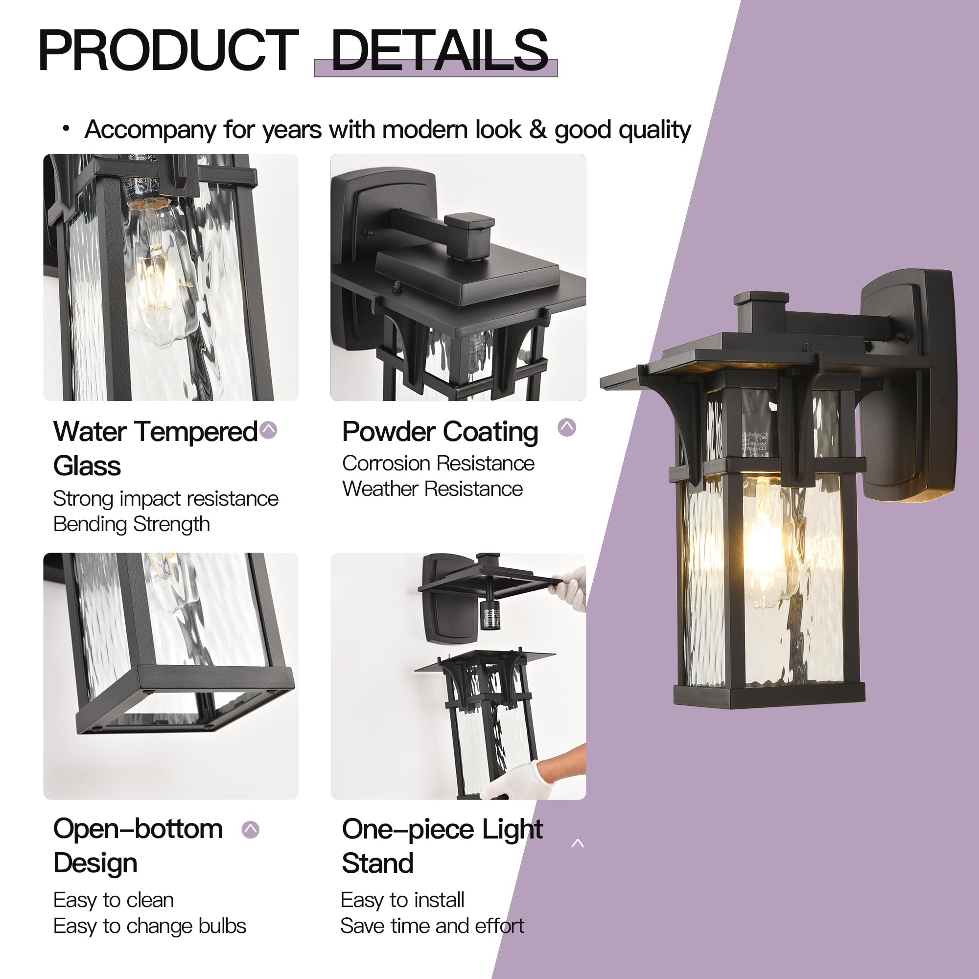 Outdoor Wall Mount Lights - Large Waterproof Black Exterior Porch Light Fixture with Rippled Glass - Perfect for Patio, Garage, Entryway & House Exterior Lighting | Weather-Resistant Outdoor Sconces for Home & Garden