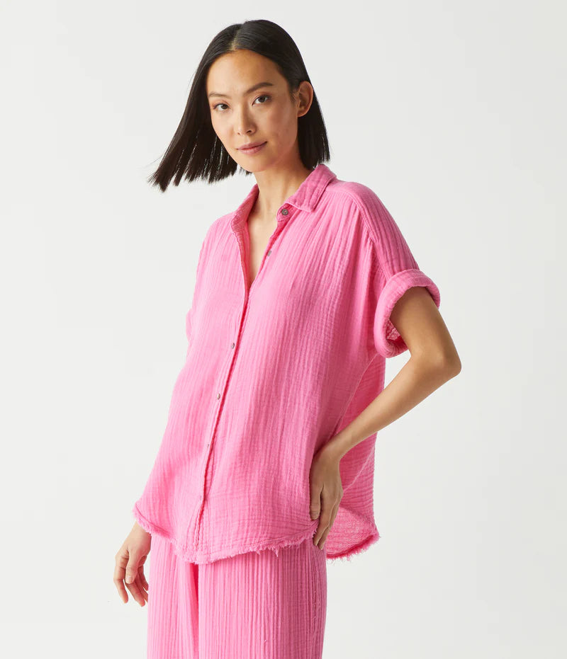 Bailey Gauze Button Down Shirt for Women - Floral Flamingo Print Summer Top - Perfect for Beach Vacations & Casual Outings