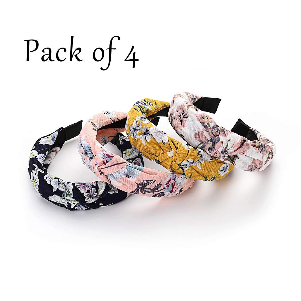 Boho Headbands for Women & Girls - 4 Pack Wide Floral Cloth Hair Bands with Cute Knot Design, Fashionable Hair Accessories - Perfect for Everyday Wear, Parties, Weddings & Festivals