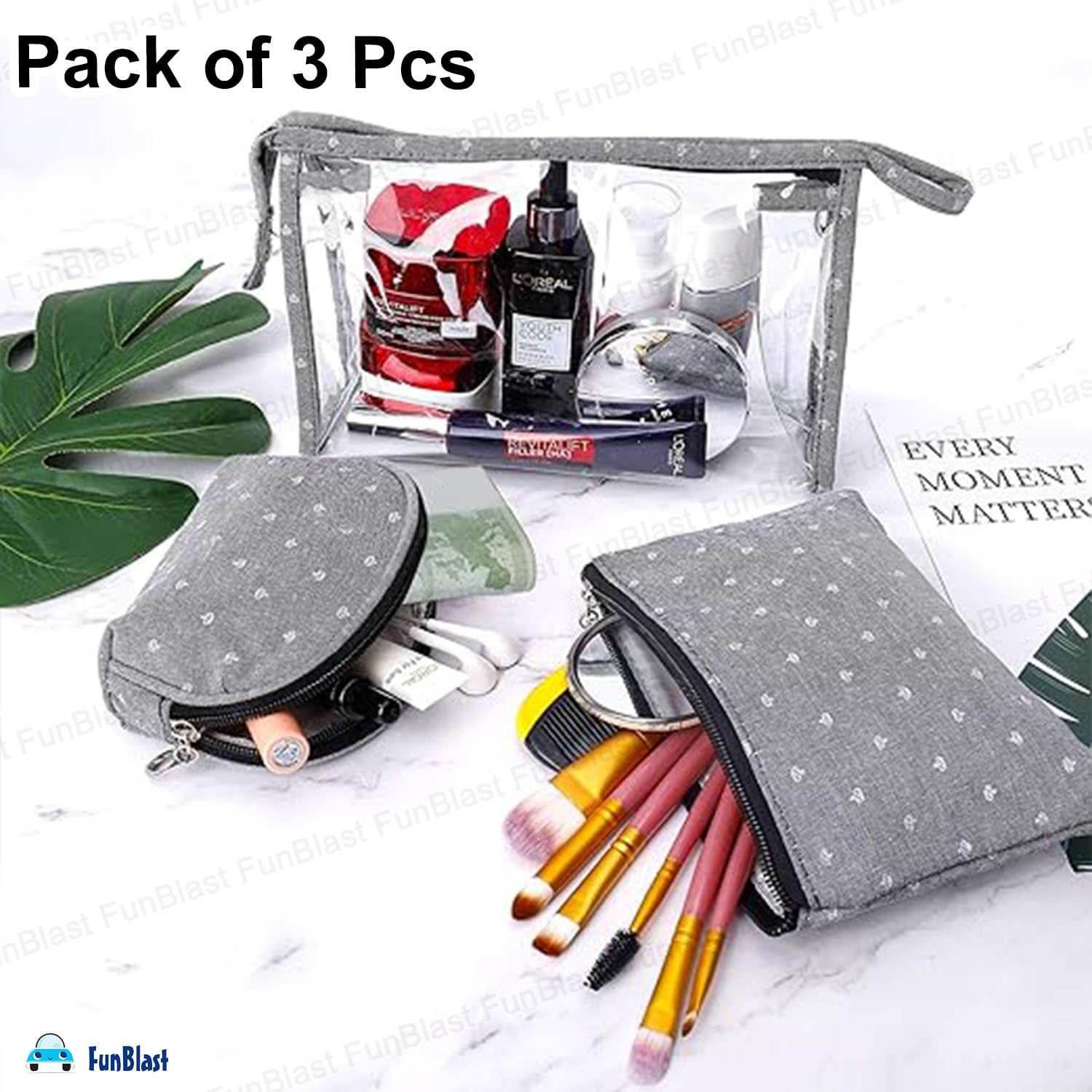 FunBlast 3-Pack Cosmetic Makeup Bags for Women - Waterproof Travel Toiletry Organizer with Zipper, Portable Vanity Pouch for Makeup, Jewelry & Essentials - Perfect for Travel, Gym, Work & Daily Use (Grey)