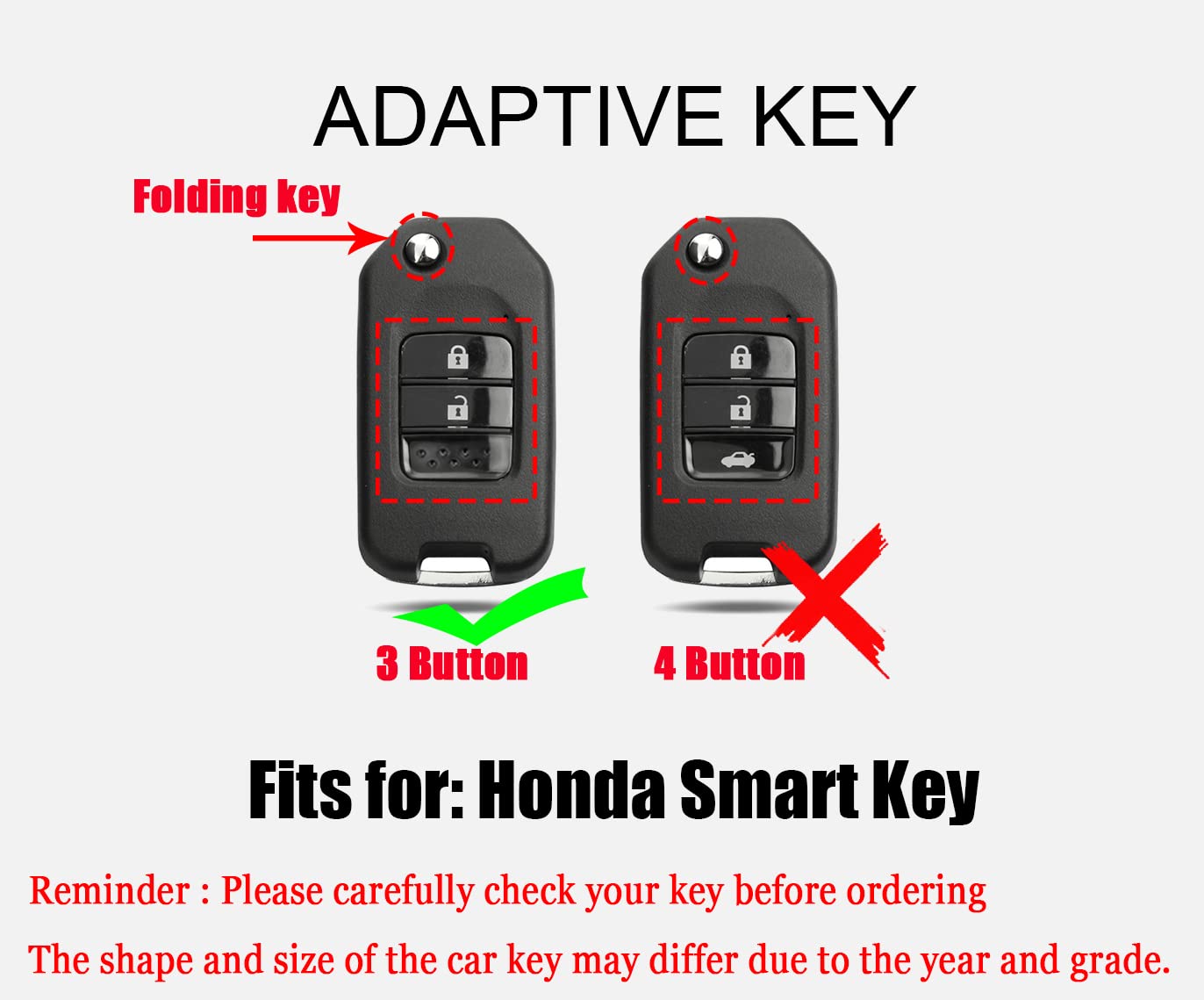 HIBEYO Smart Remote Key Fob for Honda Jade CR-V XRV HR-V City Accord - 3 Button Flip Folding Key Case Cover with Bling Keychain (Pink) | Car Accessories Replacement for Keyless Entry & Remote Start