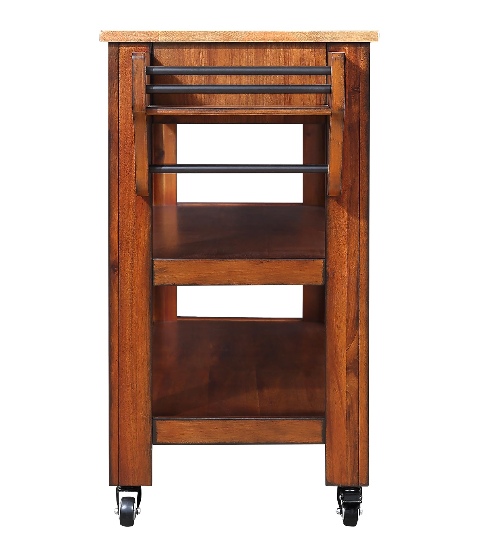57 Inch Solid Oak Wood Kitchen Island Cart with 2 Drawers & Storage Shelves - Rolling Kitchen Cart with Wine Rack & Spice Organizer - Perfect for Small Kitchens, Dining Rooms & Home Bars (Walnut Finish)