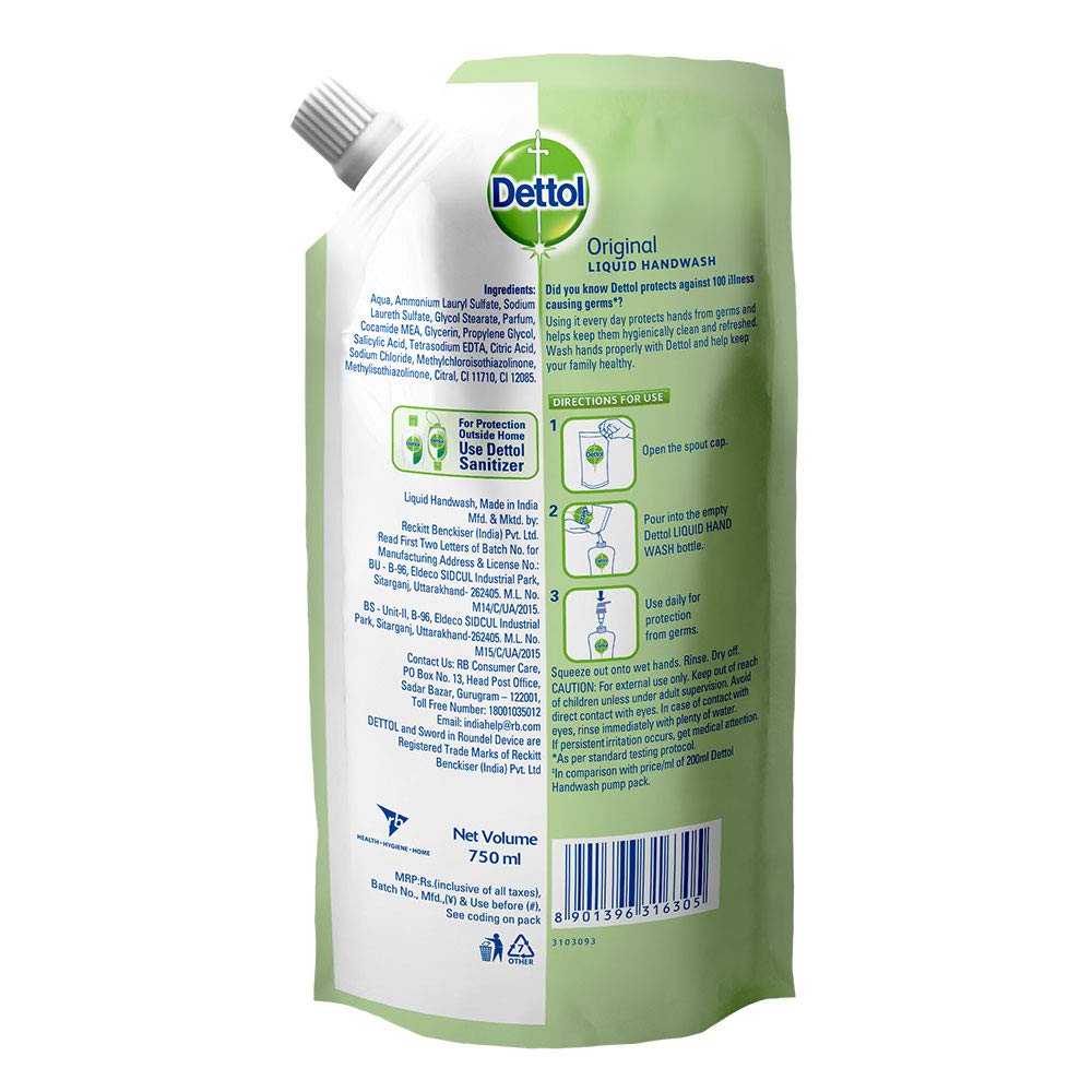 Dettol Original Antibacterial Handwash Liquid Soap Refill 750ml | Kills 99.9% Germs | 10X Better Protection | For Kitchen, Bathroom & Home Hygiene