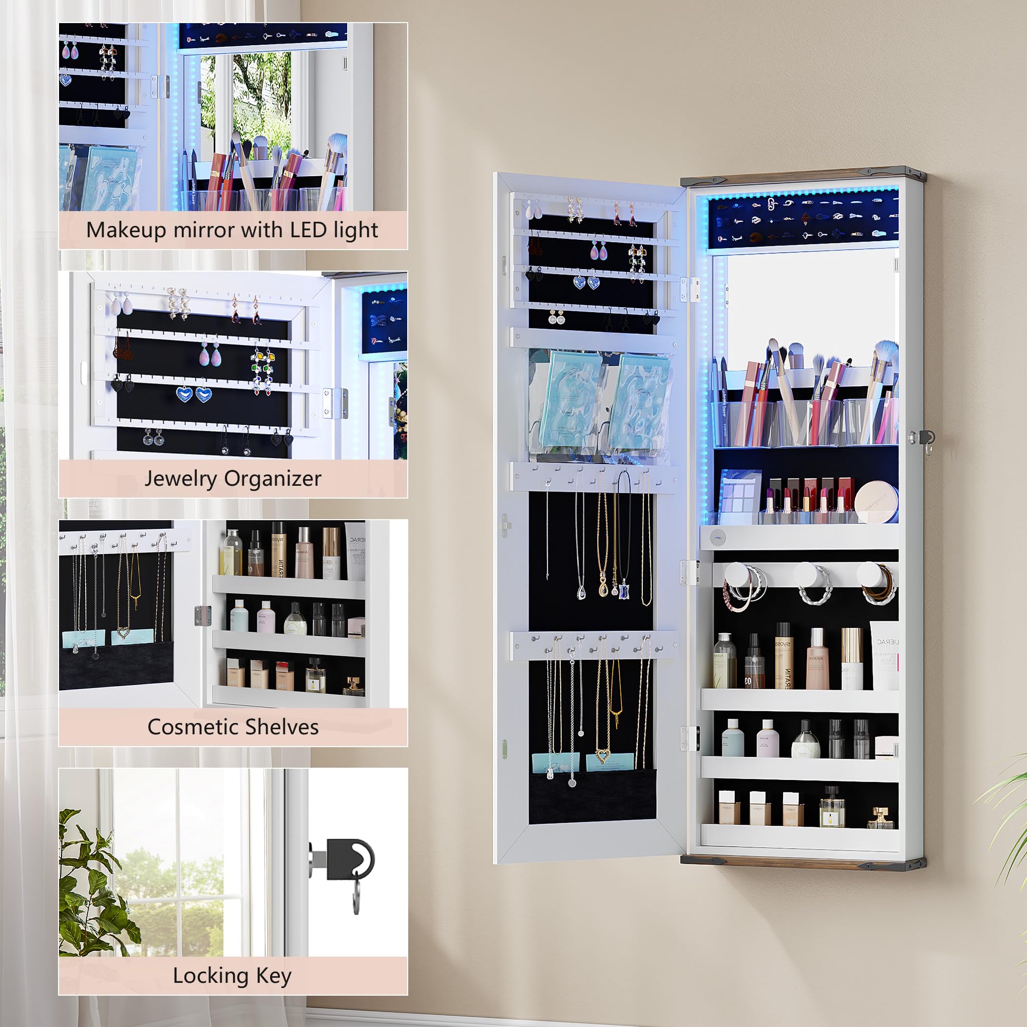 Farmhouse Jewelry Organizer with LED Lights - Wall or Door Mounted Jewelry Armoire Cabinet with Full Length Mirror, Storage & Lockable Interior - White - Perfect for Bedroom, Closet, and Dressing Room Organization