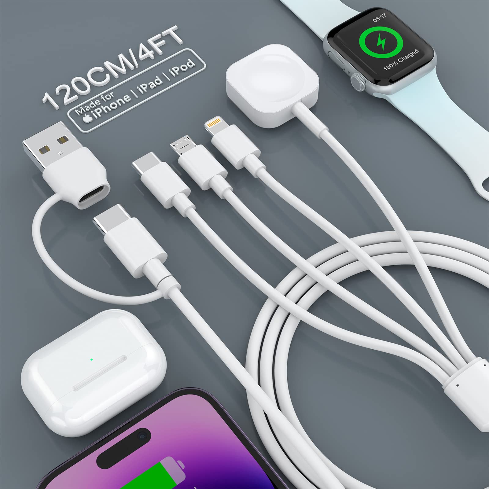 MFi Certified 4-in-1 Apple Watch Charger - Fast Wireless Charging for Apple Watch Series 8/7/6/5/4/3/2/1/SE/SE2 & iPhone 13/12/11/Pro/Max/XR/XS & iPad | 4FT Cable | Perfect for Home, Office & Travel Charging