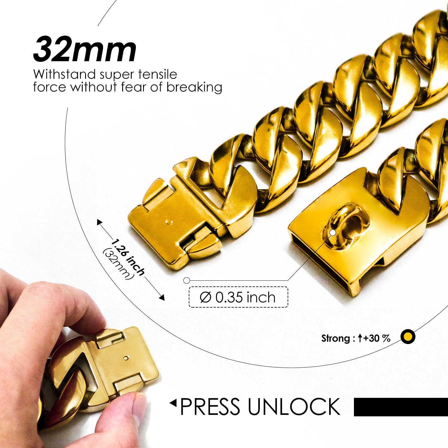 32MM Thick Heavy Duty Cuban Link Dog Collar - Solid Stainless Steel Gold Chain Collar with Buckle for Large Breeds | Durable Metal Dog Collar for Training, Walking & Protection