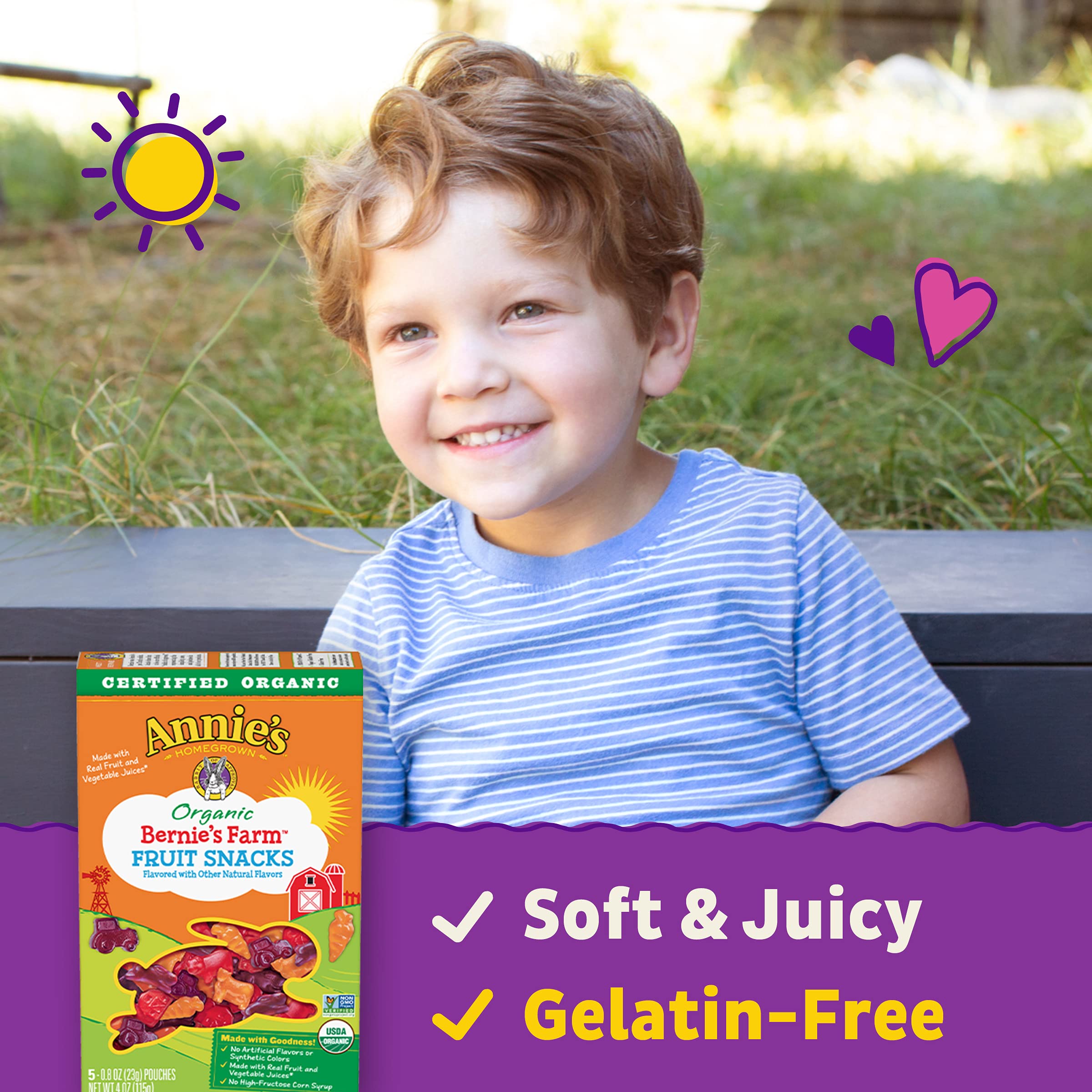 Annie's Homegrown Organic Bernie's Farm Fruit Snacks - 60 Count (0.8oz Pouches) | Healthy Kids Snacks, Lunchbox Treats & On-the-Go Snacking