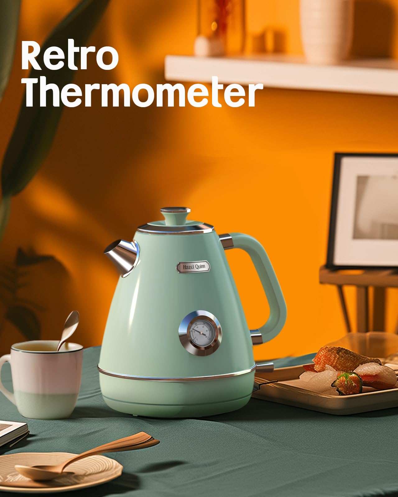 Hazel Quinn Retro Electric Kettle 1.7L (57.5oz) - Stainless Steel Fast Boiling Tea Kettle with Thermometer, 1200W, BPA-Free, Cordless & Auto Shut Off - Perfect for Home, Office & Tea Lovers (Mint Green)