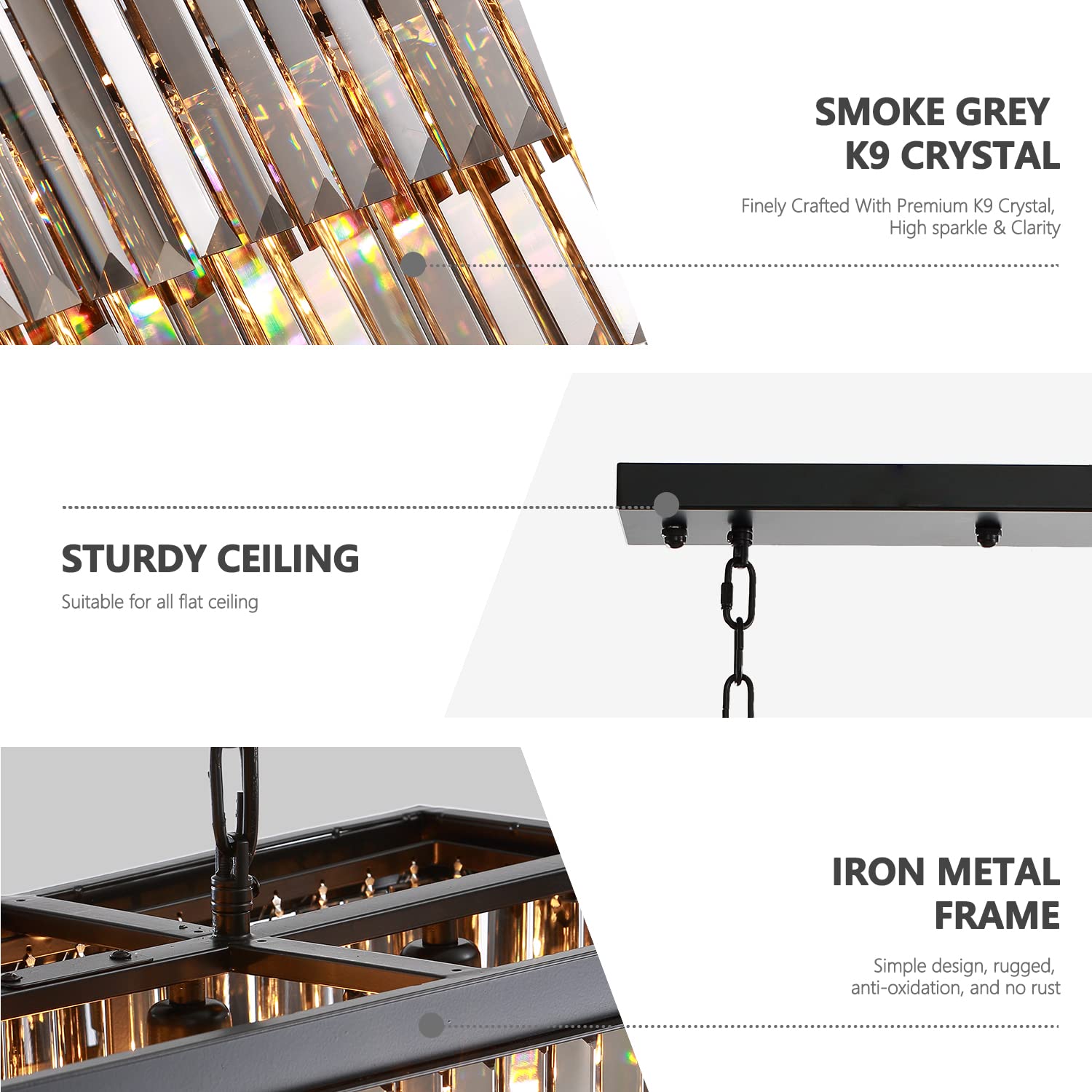 Siljoy L47 Modern Crystal Chandelier - 8-Light Rectangular Kitchen Island Pendant Light with Black Metal Frame & Smoky Gray Crystals - Perfect for Dining Room, Kitchen Island, Foyer Lighting - Elegant Ceiling Fixture for Home Decor