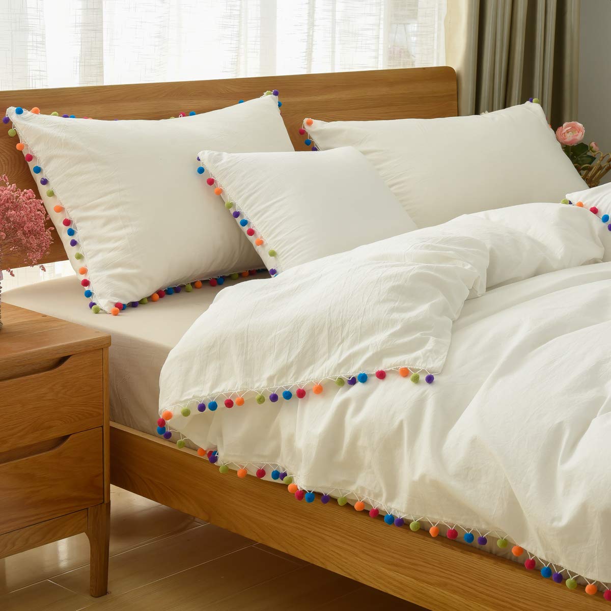 Vintage Colorful Pom Pom Bedding Set Twin XL Size - 3 Piece Duvet Cover for Girls, Teens & Nursery | 100% Washed Cotton Solid Off White Boho Farmhouse Style | Perfect for Kids' Rooms, Dorm Decor & Cozy Bedroom Makeovers
