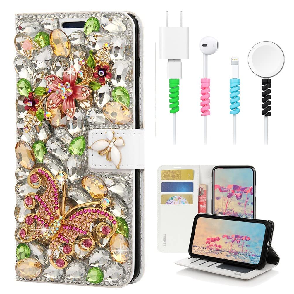 STENES Bling Wallet Phone Case for Google Pixel 4 XL - 3D Handmade Crystal Flower Floral Butterfly Magnetic Leather Cover with Card Holder & Cable Protector (4 Pack, Green) - Perfect for Parties, Weddings & Everyday Use
