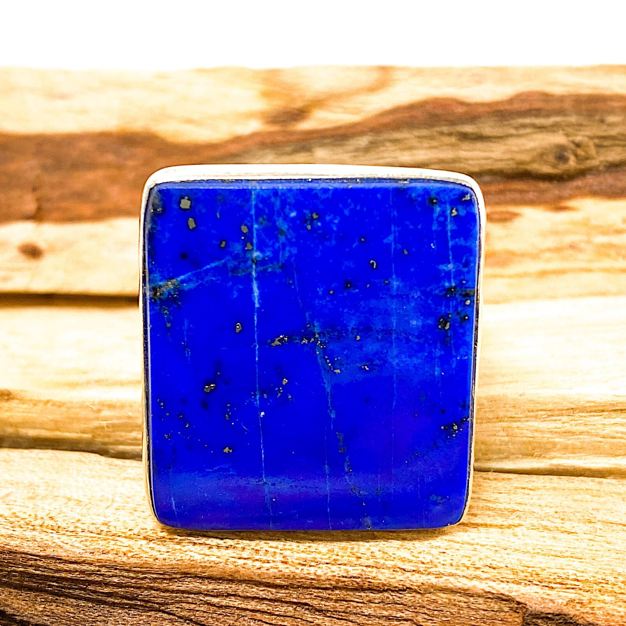 Natural Lapis Lazuli Square Cabochon Ring - Handmade Hammered Silver Band Size 11 - Chilean Gemstone Jewelry for Women | Perfect for Boho Fashion, Gift Giving & Special Occasions
