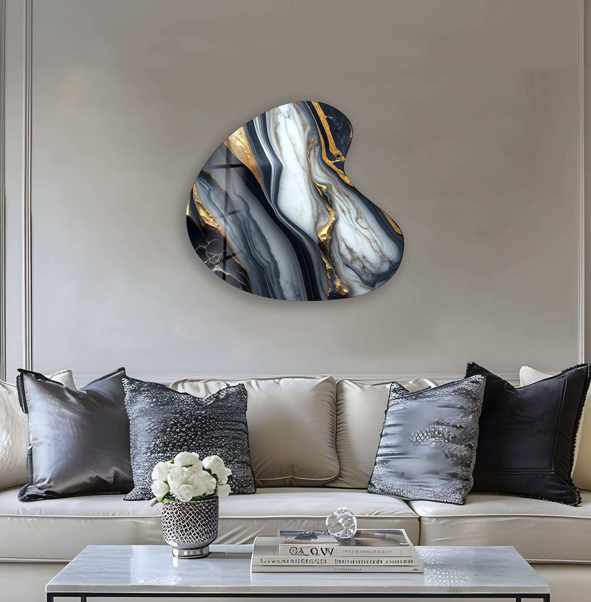 Black and White Marble Irregular Glass Wall Art - Modern Abstract Home Decor for Living Room, Bedroom, or Office