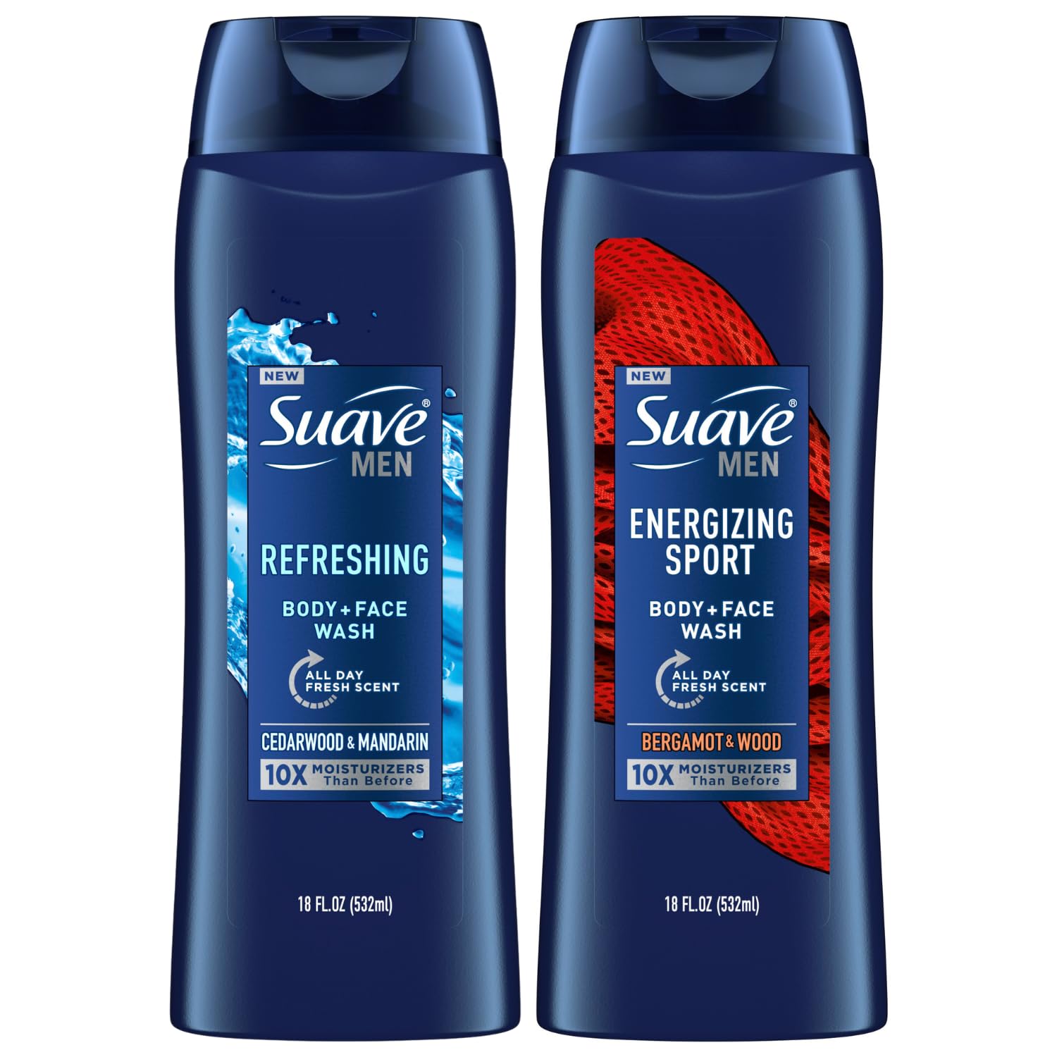 Suave Men Body Wash Variety 2-Pack - Refreshing Cedarwood & Mandarin + Energizing Bergamot & Wood Body & Face Wash, 18 Oz Each | For Gym, Workout & Daily Shower | Men's Grooming Essentials