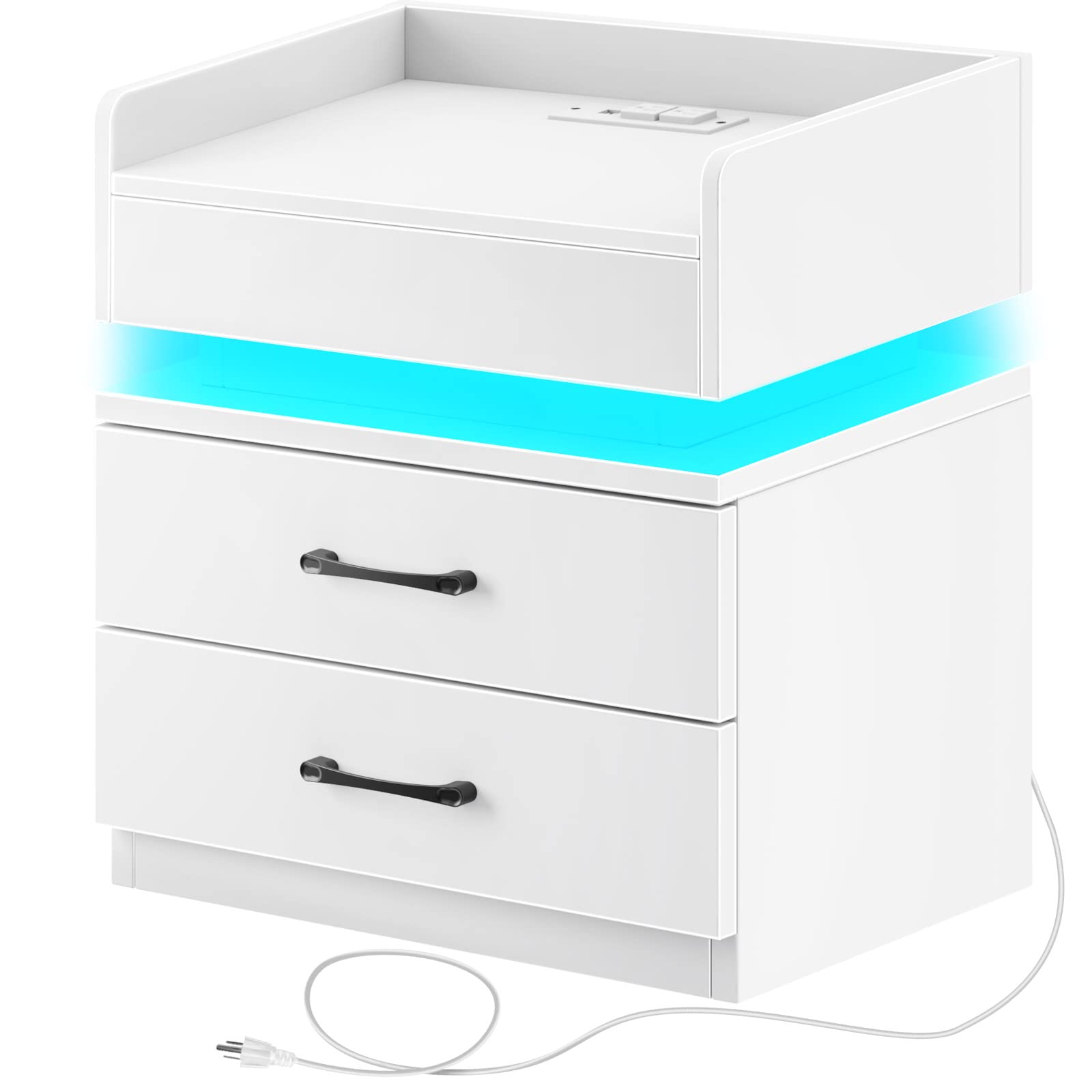 Rolanstar White Modern Nightstand with 2 Drawers, USB Charging Station & LED Lights - Tool-Free Quick Assembly Bedside Table for Bedroom, Living Room, Dorm - Perfect for Reading, Phone Charging & Bedside Storage