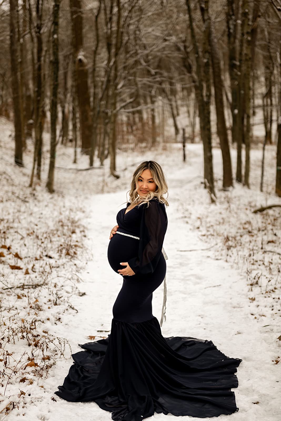 Saslax Elegant Long Chiffon Sleeve Mermaid Maternity Dress for Photoshoot, Baby Shower, Pregnancy Photos, Wedding Guest & Special Occasions