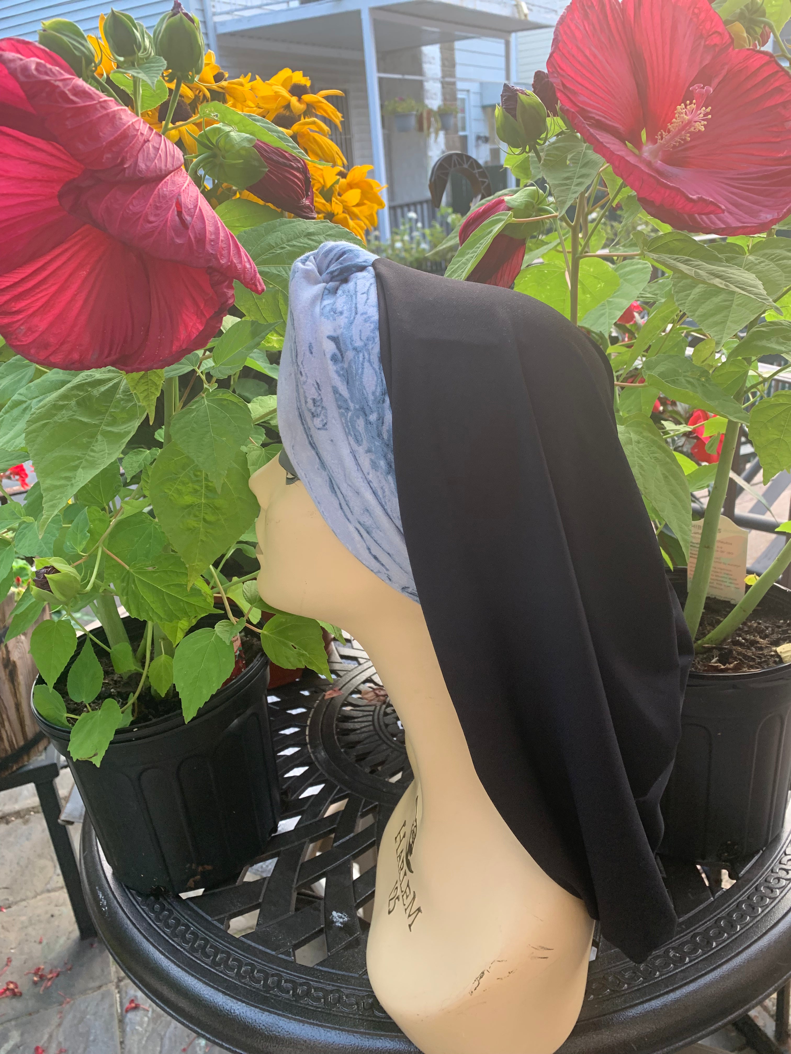 Black & Light Blue Snood Turban Hijab - Made in USA - Stylish & Comfortable Headwear for Women - Perfect for Daily Wear, Workouts & Special Occasions
