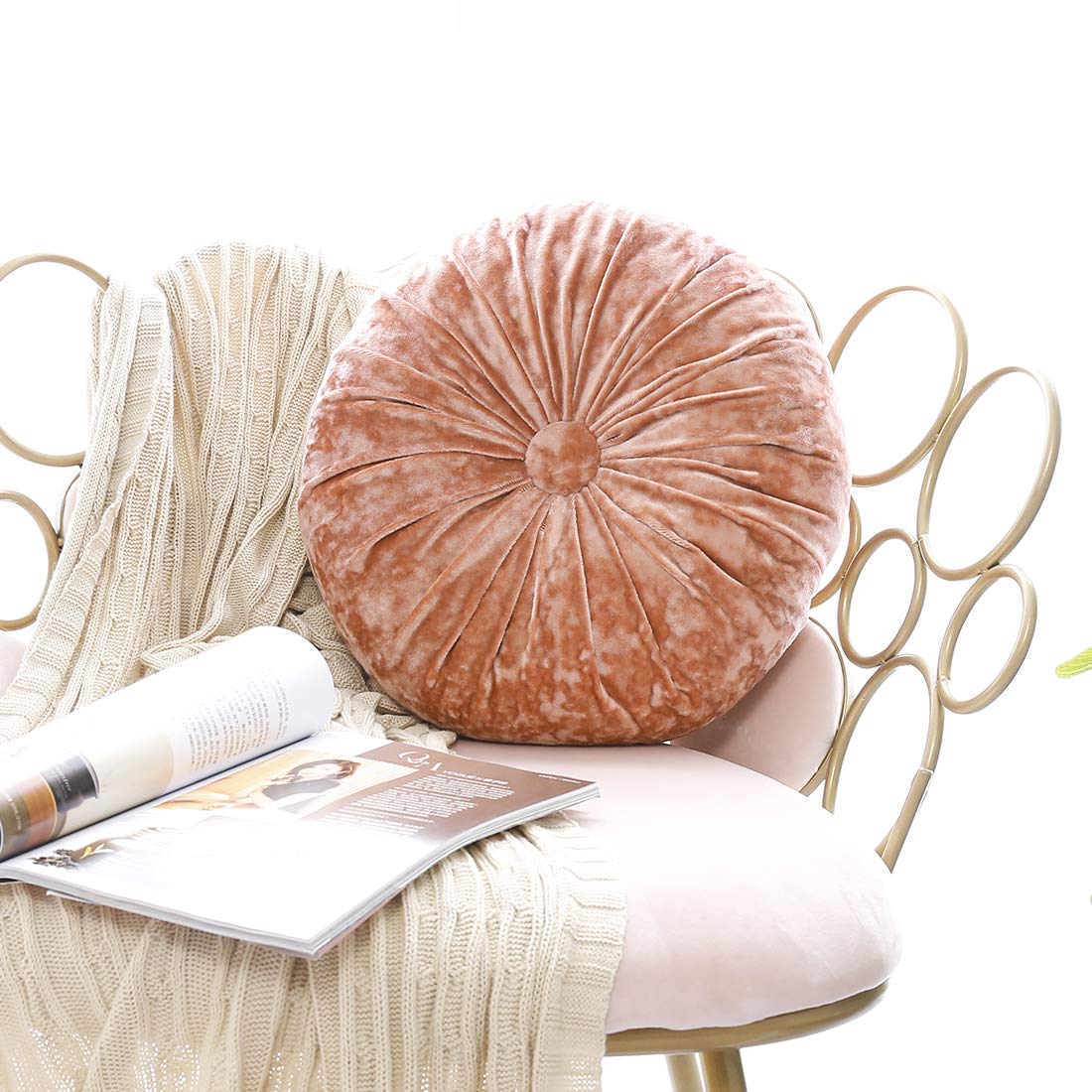 Super Soft Round Velvet Chair Cushion - 16x16 Inch Thick Pumpkin Shaped Seat Pad for Living Room, Bedroom & Floor - Luxury Home Decor Throw Pillow for Sofa, Armchair & Window Seat