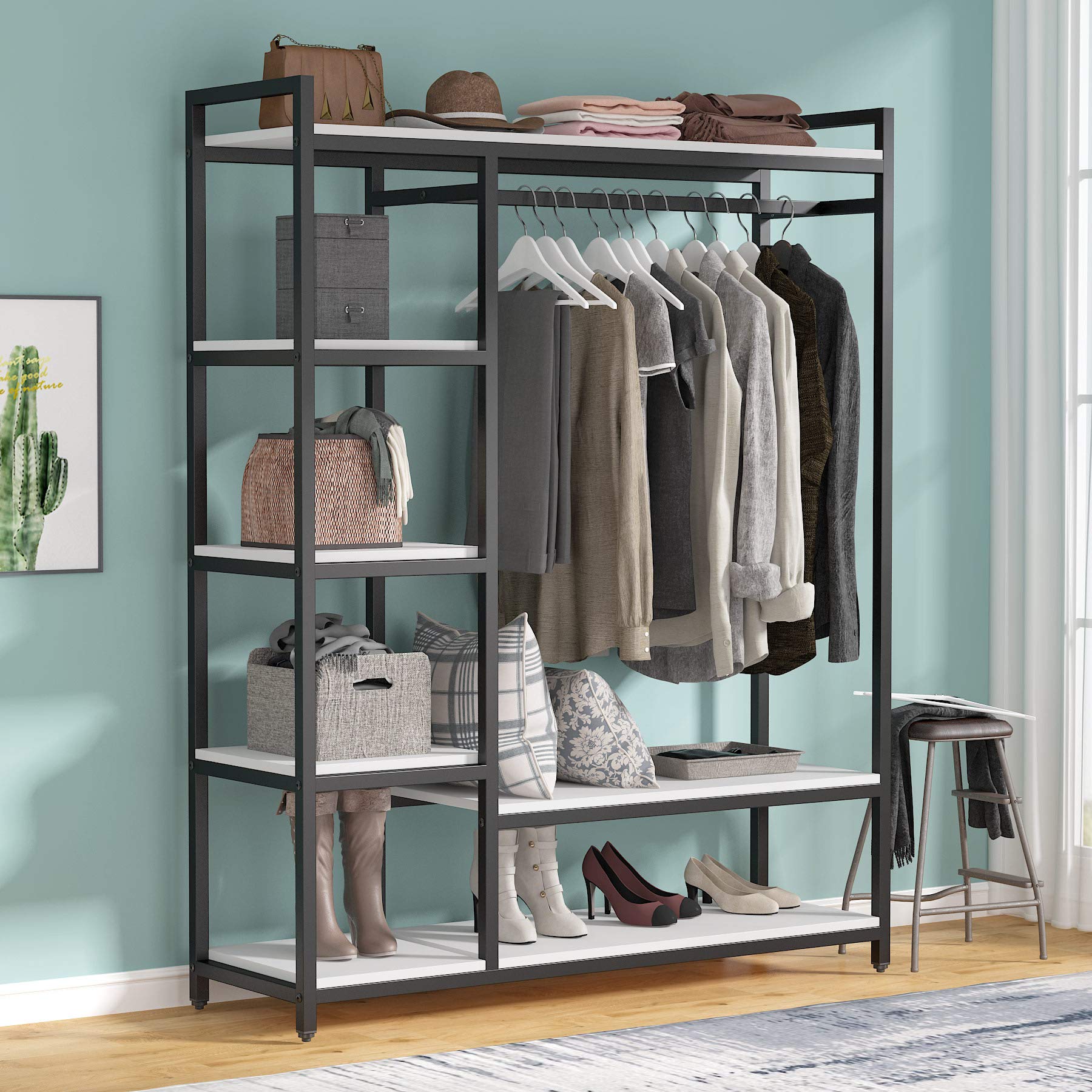 Tribesigns Freestanding Closet Organizer - 6-Tier Storage Shelves & Hanging Bar for Clothes, Large Standing Garment Rack (White) | Perfect for Bedroom, Closet, Dorm Organization & Clothes Storage