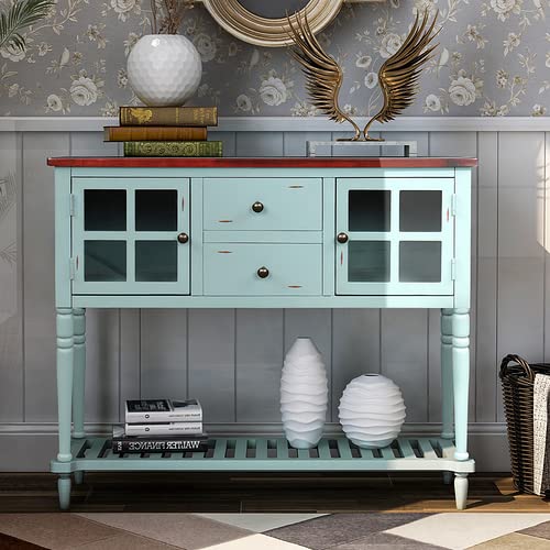 Farmhouse Style Sideboard Console Table with Bottom Shelf - Wood and Glass Buffet Storage Cabinet for Living Room, Dining Room & Entryway - Retro Blue Vintage Decor - Perfect for Home Organization & Display
