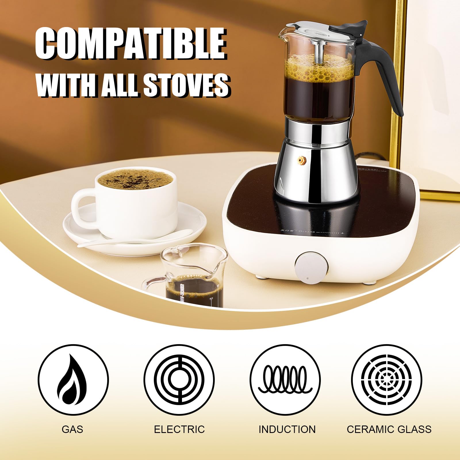 YOLIFE 4-Cup (160ml) Stainless Steel Induction Moka Pot with Crystal Glass Top - Italian Stovetop Espresso Maker with Pressure Valve for Home & Office Coffee Brewing | Perfect for Camping, Gifts & Small Kitchens