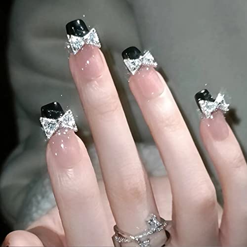 24 Pcs Long Press on Nails - Acrylic Ballet French Fake Nails with Elegant Crystal Bow Design for Women & Girls | Perfect for Parties, Weddings & Special Occasions