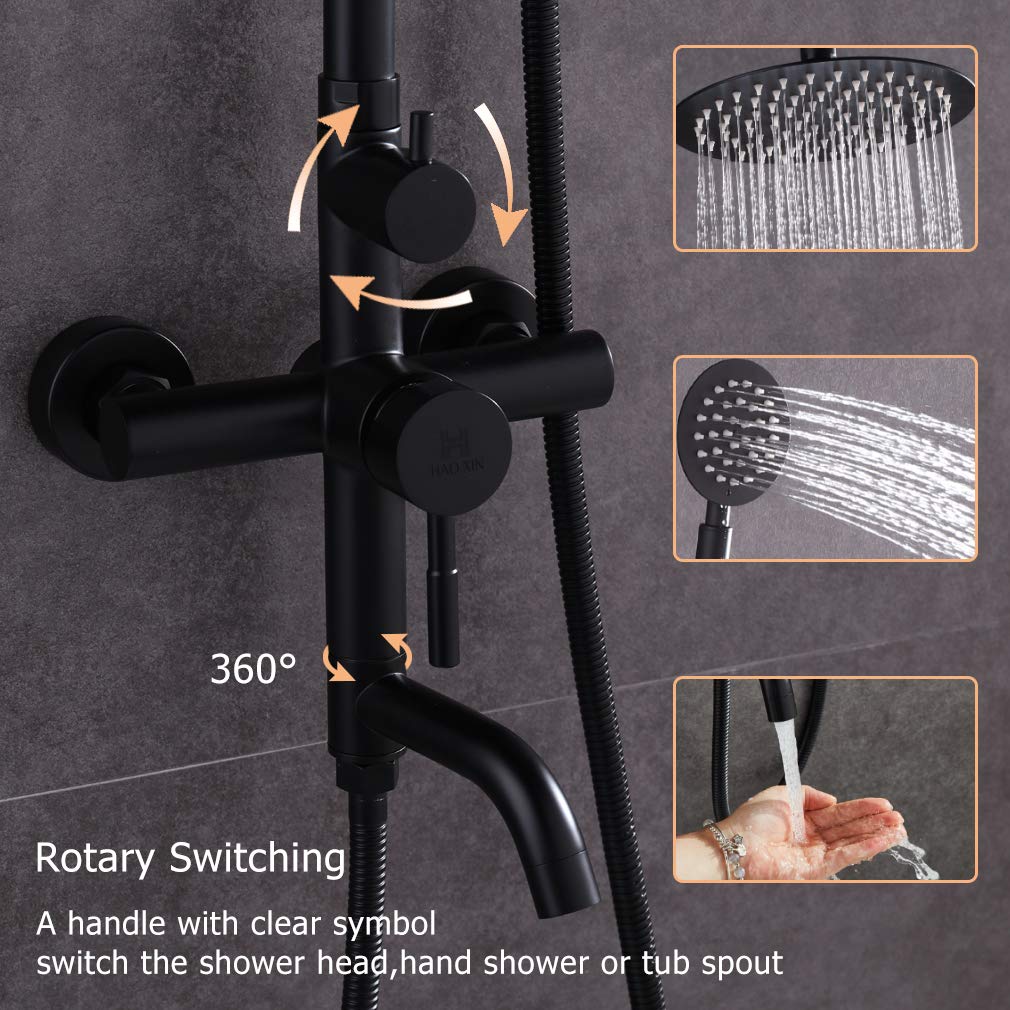 Matte Black Outdoor Shower Fixtures - Stainless Steel 3-Function Bathtub Shower Faucet Set Wall Mounted (A5108B) - Perfect for Patio, Poolside & Garden Showers