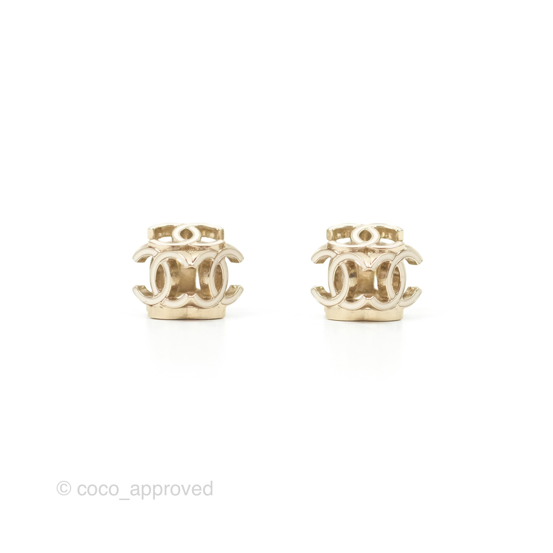 Chanel CC Gold and White Cube Earrings - 22K Gold Tone Fashion Jewelry for Women - Perfect for Parties, Weddings, and Special Occasions