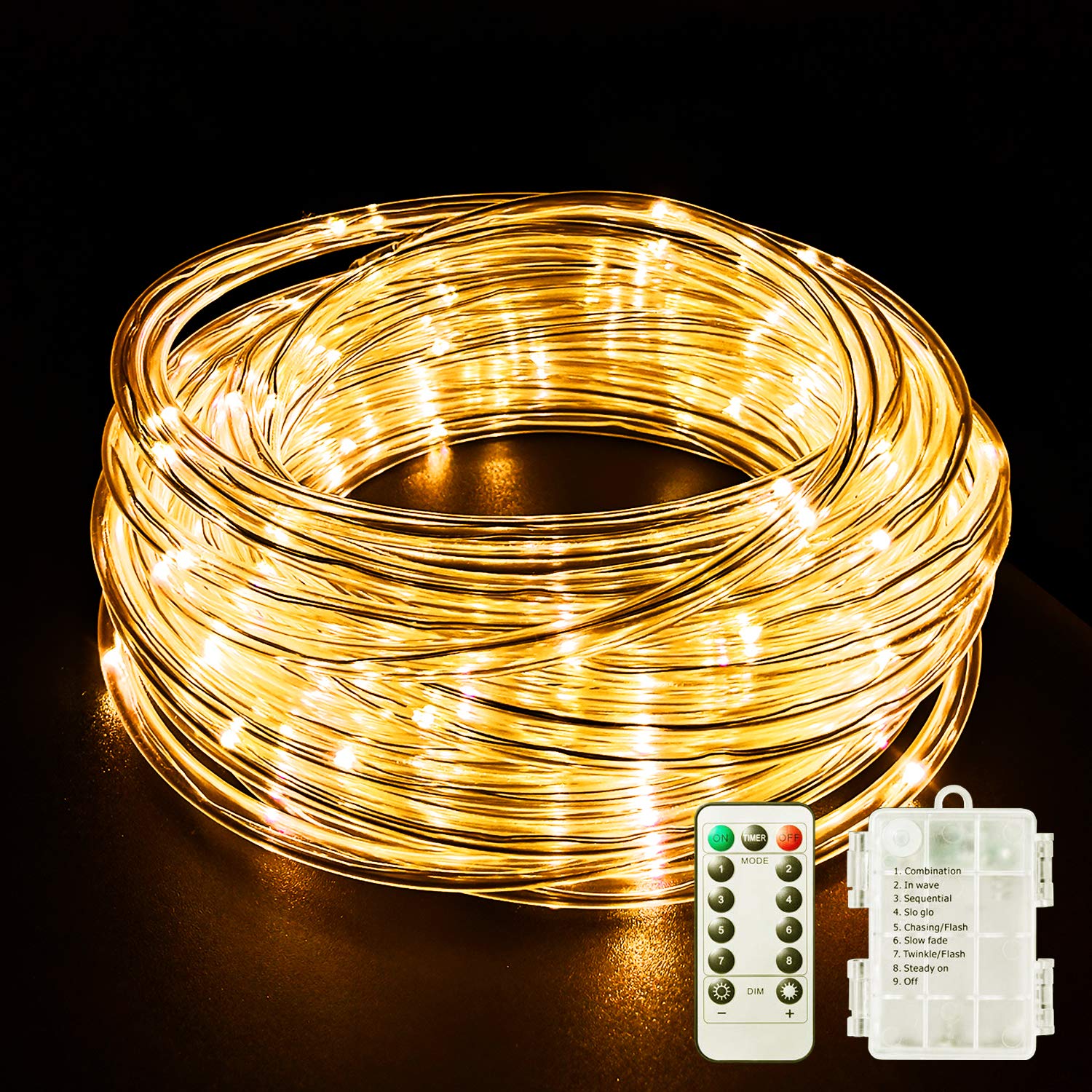 Battery Operated LED Rope Lights 40Ft - 120 LED String Lights with Remote, 8 Lighting Modes & Timer, Dimmable Fairy Lights for Indoor/Outdoor Camping, Party, Halloween, Christmas Decorations (Warm White) - Perfect for Bedroom, Garden, Patio and Holiday Displays
