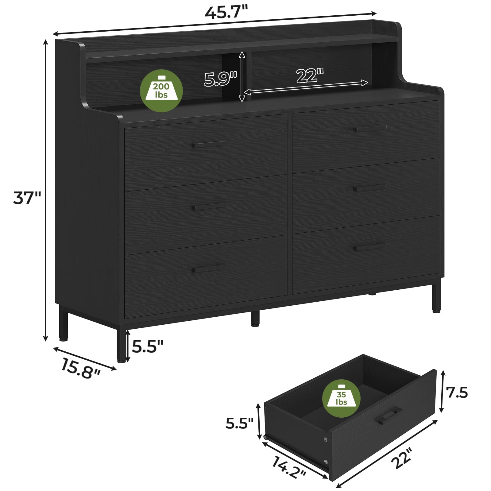 Hasuit 6-Drawer Black Dresser for Bedroom with Storage Shelves - Sturdy Steel Legs Wooden Chest Organizer - Perfect for Bedroom, Closet & Entryway Storage Solutions