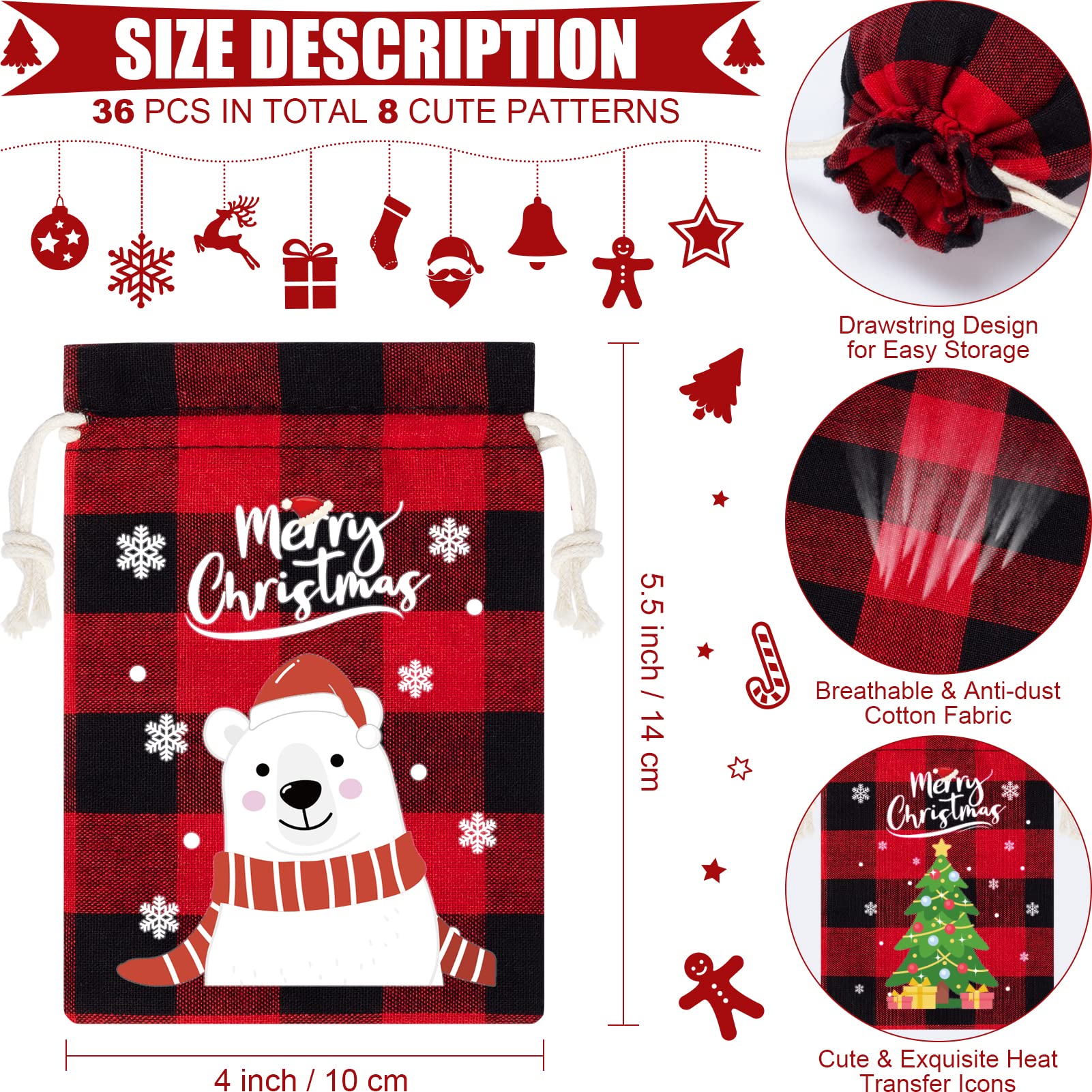 36Pcs Burlap Christmas Drawstring Bags - Buffalo Plaid Holiday Gift Bags for Candy, Treats & Party Favors | Reusable Xmas Favor Sacks for Gift Wrapping, Stocking Stuffers & Holiday Decorations