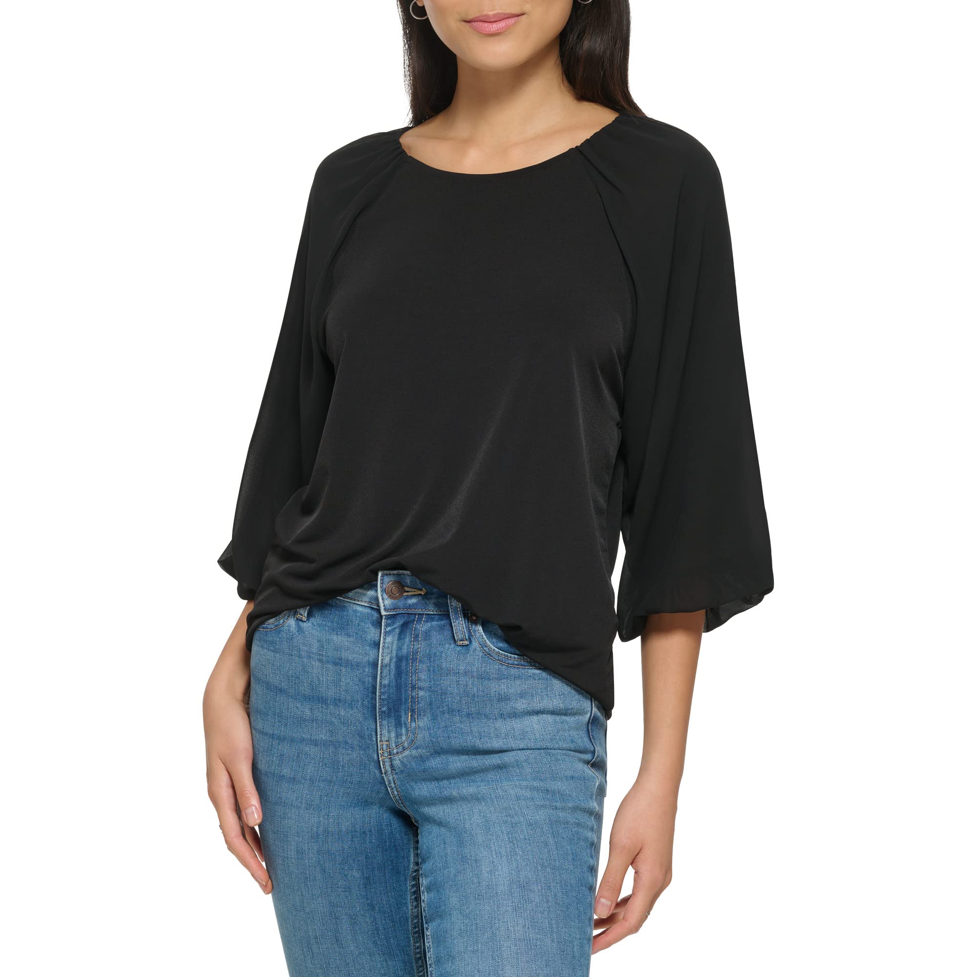 Calvin Klein Women's Loose Fitted Matte Jersey Mixed Media Lantern Sleeve Blouse | Casual Office Wear & Evening Outfits | Comfortable Stylish Top for Work & Social Events