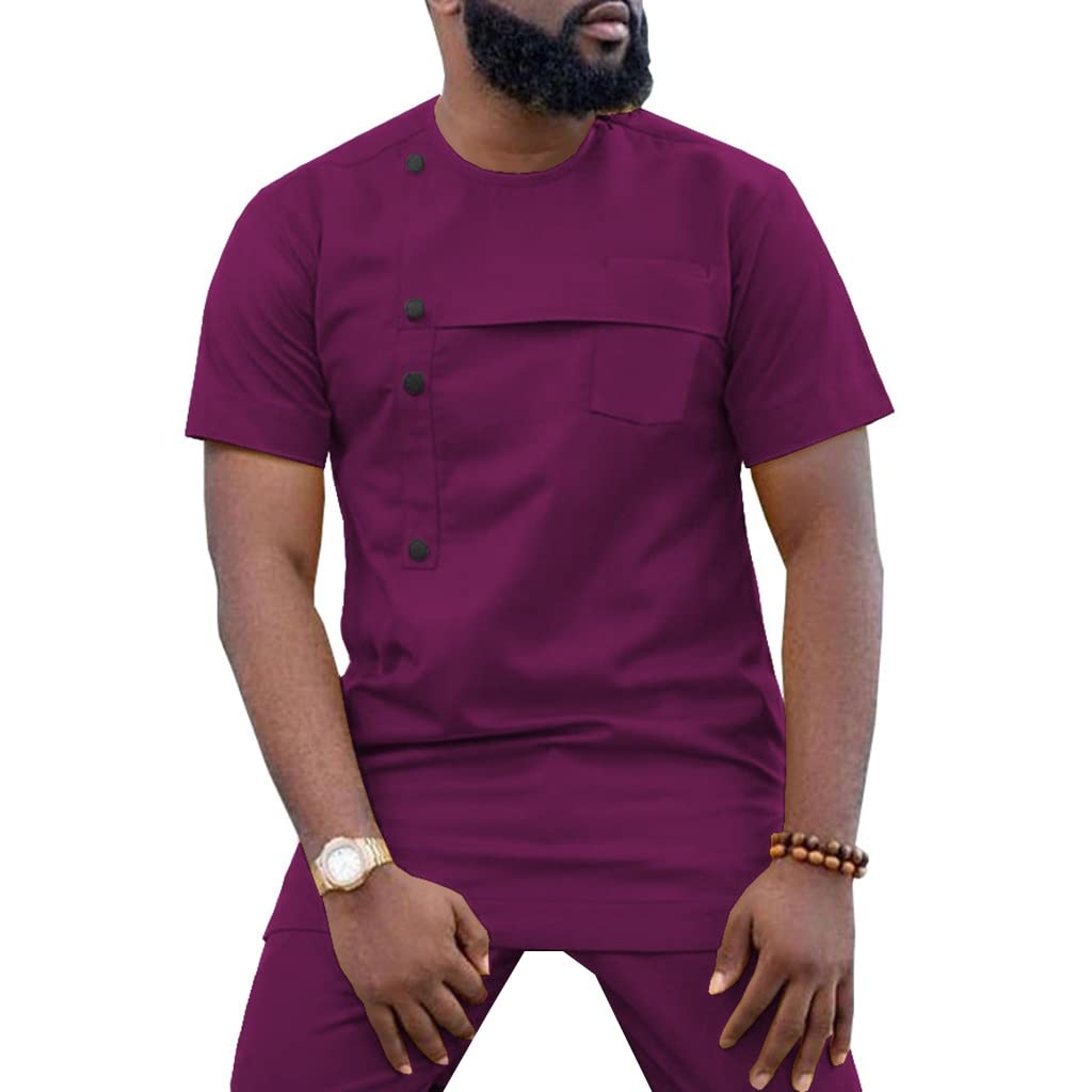African Dashiki Suit for Men - 100% Cotton Short Sleeve Traditional Tribal Shirt & Pants Set - Perfect for Cultural Events, Weddings & Summer Outfits