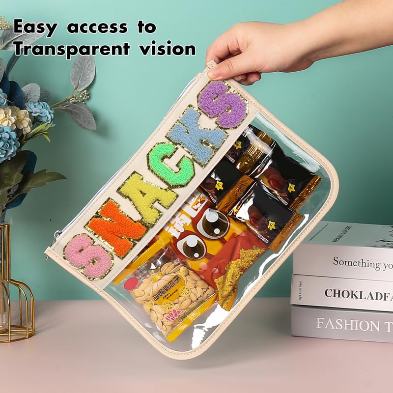 BCRMPT Chenille Letter Clear Flat Pouch - Multi-Purpose PVC & Nylon Cosmetic Bag with Zipper for Women | Travel Makeup Organizer, Gym Essentials Storage, Beach Accessories (Beige-Snacks) | Perfect for Daily Use, Vacation Trips & Sports Activities