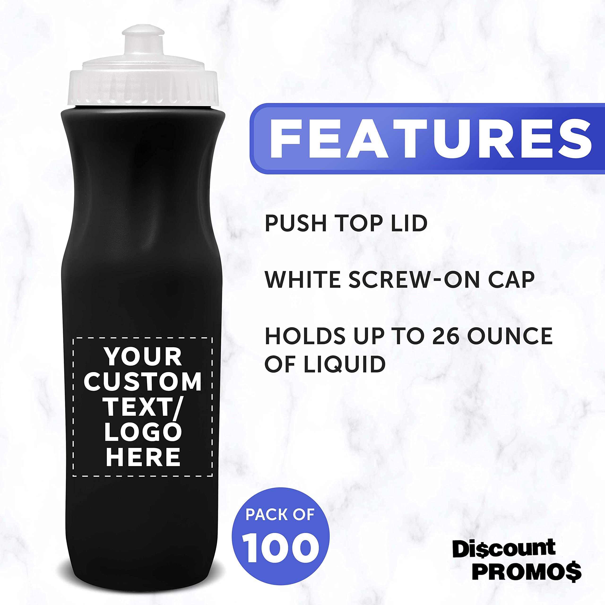 100 Pack 26oz Plastic Water Bottles with Black Push Top Lid - Customizable Text & Logo - Bulk Water Bottles for Schools, Gyms, Offices & Events - BPA Free Reusable Drinkware