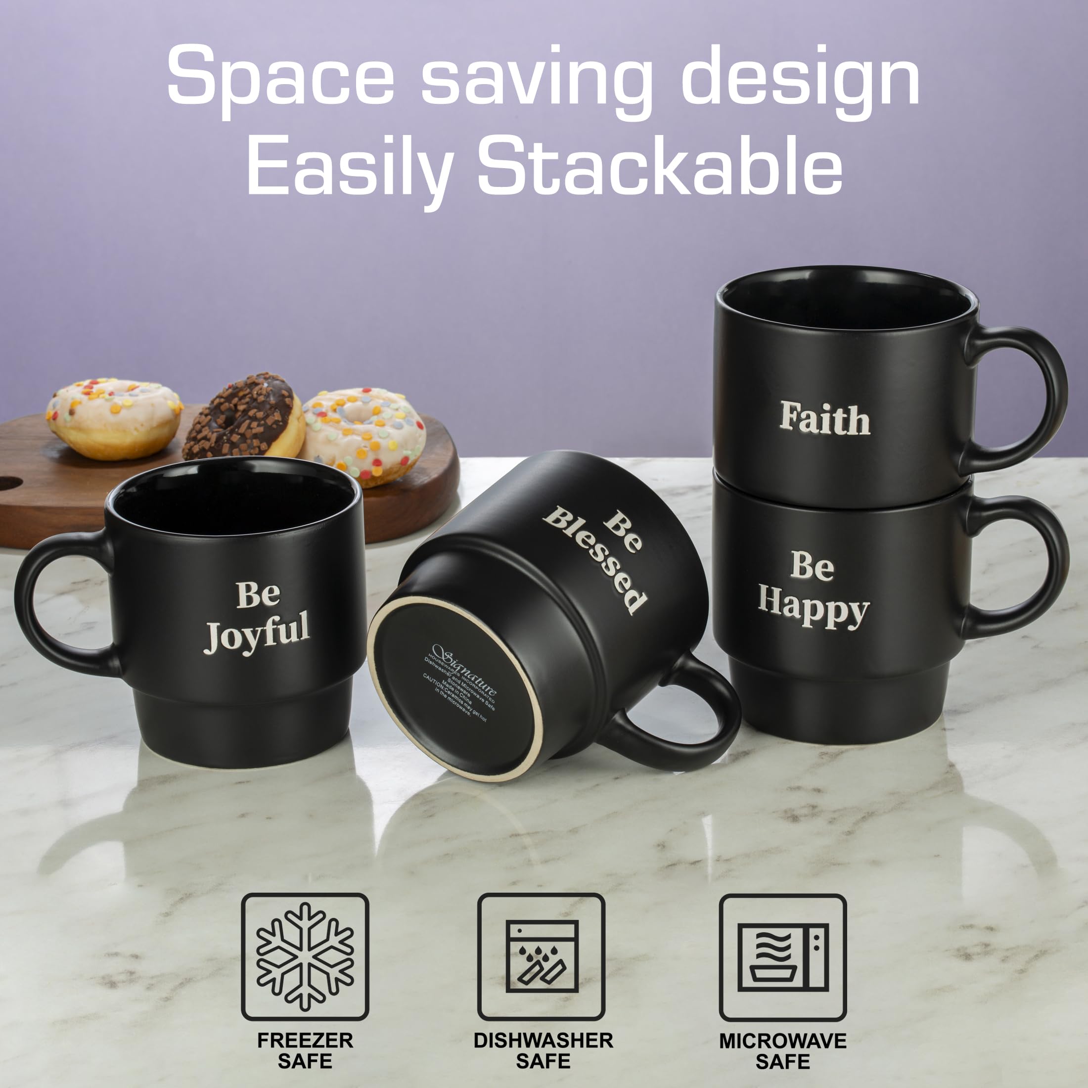 Happy Stackable Stoneware Coffee Mug Set - 4-Pack, 15oz for Coffee, Tea & Hot Drinks - Matte Black