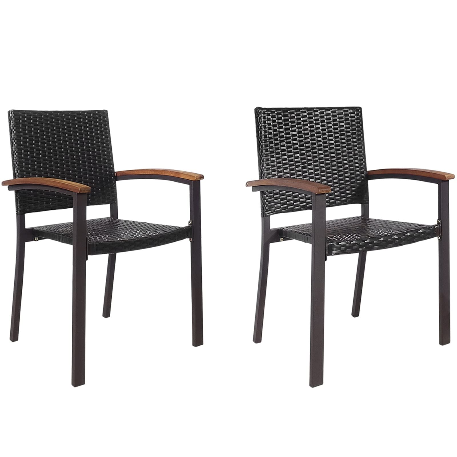HappyGrill 2-Piece Patio Dining Chairs Set - Outdoor Rattan Wicker Stackable Armchairs with Steel Frame for Garden, Balcony, Poolside & Indoor Use