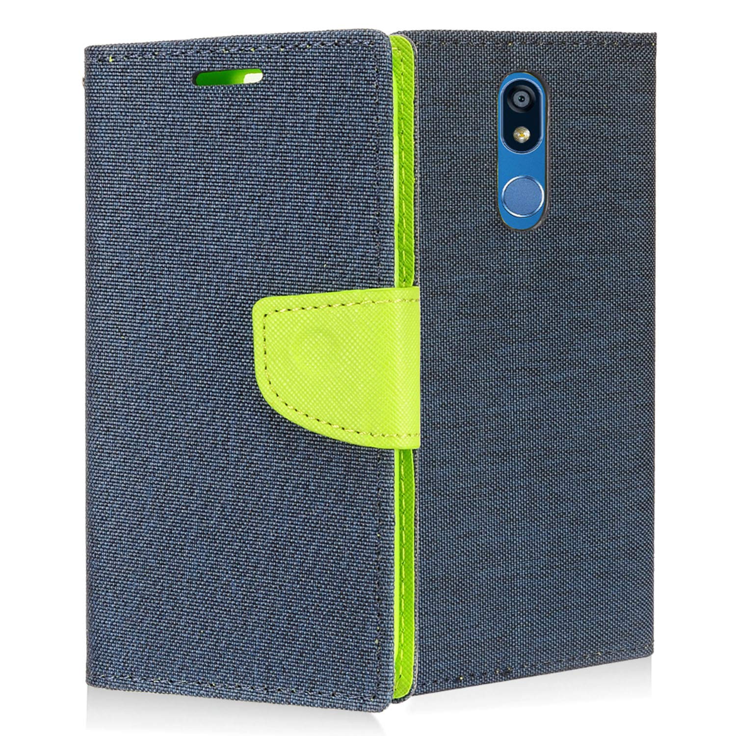 Z-GEN Denim Fabric Flip Wallet Phone Case for LG K40/Harmony 3/Xpression Plus 2 (2019) LM-X420/LG Solo LTE L423DL - CT5 Green & Dark Blue - Perfect for Everyday Protection & Style