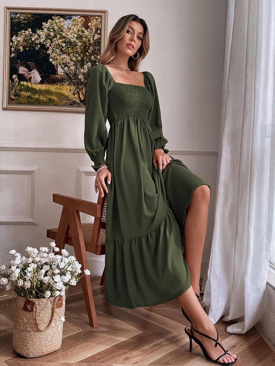 Women's Square Neck Casual Long Sleeve Maxi Dress - Ruffle Shirred Flowy Midi Dress for Spring Summer, Perfect for Beach Vacation, Date Night & Office Wear