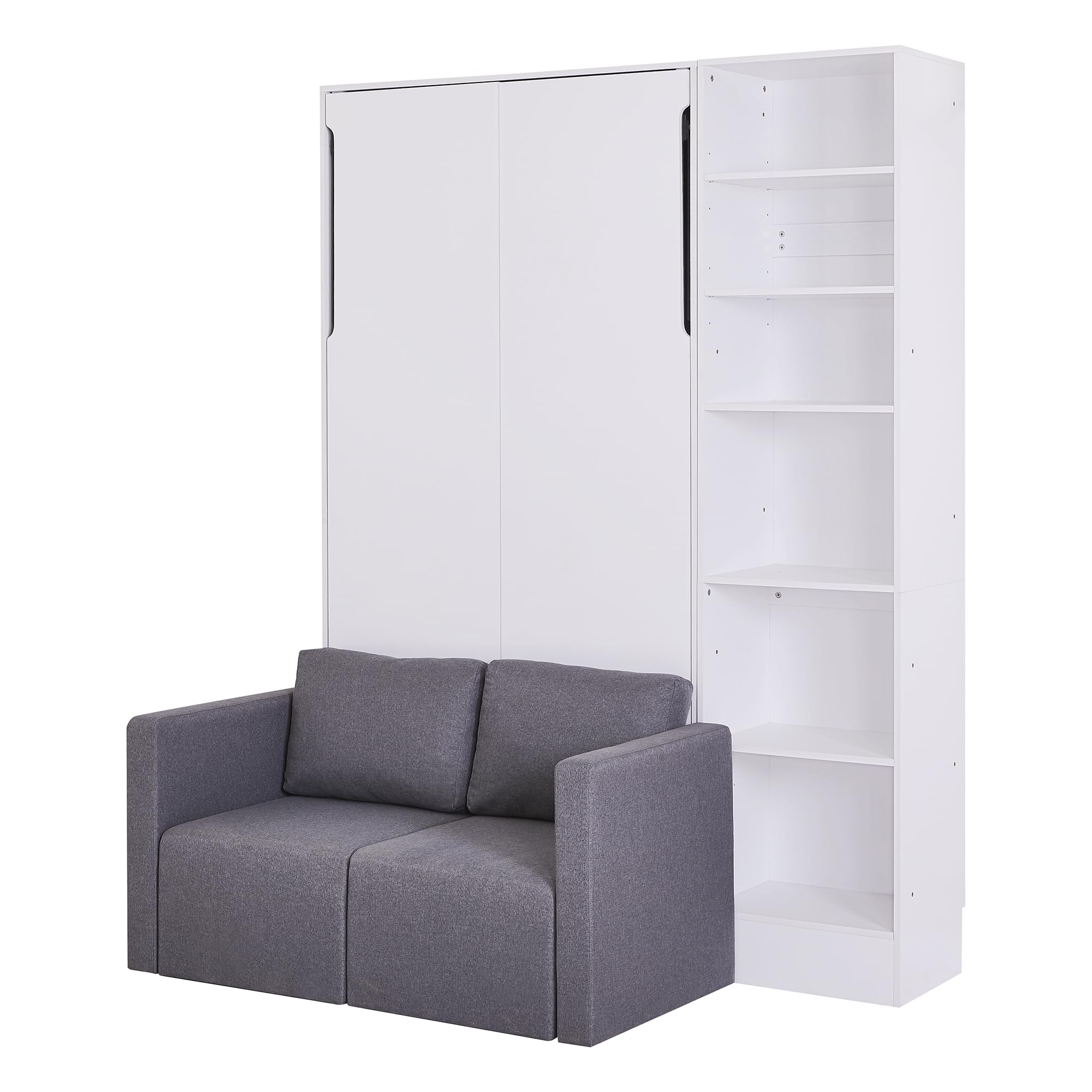 LZ LEISURE ZONE Twin Size Murphy Bed with Built-in Shelves & Sofa - Space Saving Wall Bed for Small Rooms, Home Office or Studio Apartment - White & Gray Modern Design - Perfect for Guest Rooms, Dormitories & Tiny Homes