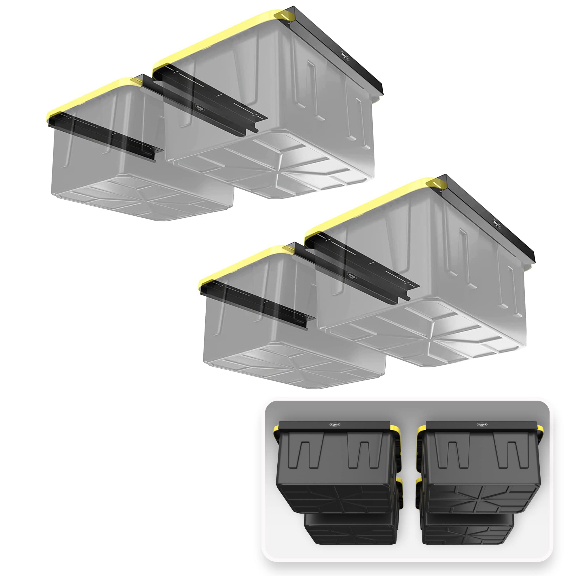 Koova Overhead Garage Storage Rack - Adjustable Ceiling Mount Organizer for 4 Black/Yellow Bins | Heavy Duty Shelving Solution for Garage, Basement & Attic Organization | Space Saving Home Storage System