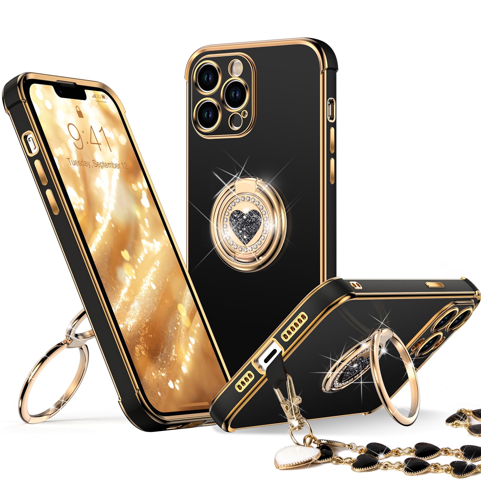 iPhone 12 Pro Max Case with Stand - Luxury Bling Protective Phone Cover with Double Ring Kickstand for Women & Girls | Perfect for Work, Travel & Everyday Use (Black)